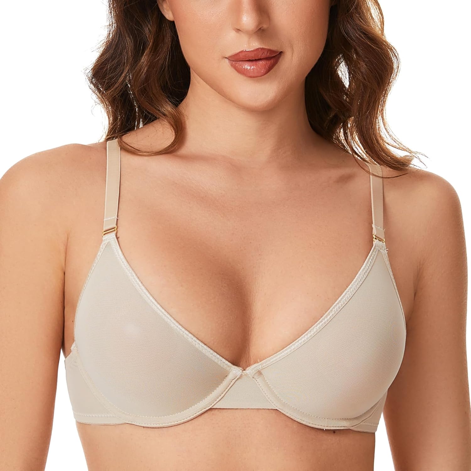 Women Sheer Mesh Plunge Bra Seamless Unlined Underwire Bra 34B-44DD