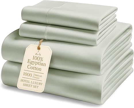 100% Egyptian Cotton Queen Bed Sheet Set – 1000 Thread Count 4 Piece Queen Sheets Set, Breathable & Fade Resistant, Silky Sateen Weave, Ultra-Soft Hotel Luxury Bedding with 15" Deep Pocket - Mineral