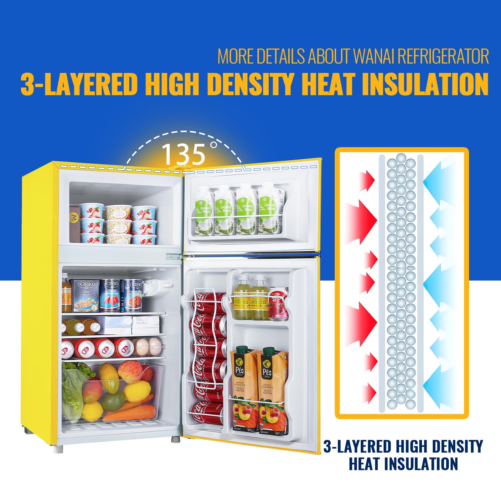 WANAI 3.5 Cu.Ft Retro Refrigerator 2 Door Mini Fridge With Freezer And 2 Handles 7 Level Adjustable Thermostat Control Top-Freezer Refrigerator For Home Dorm Apartment Yellow on Fridge.com - View 4