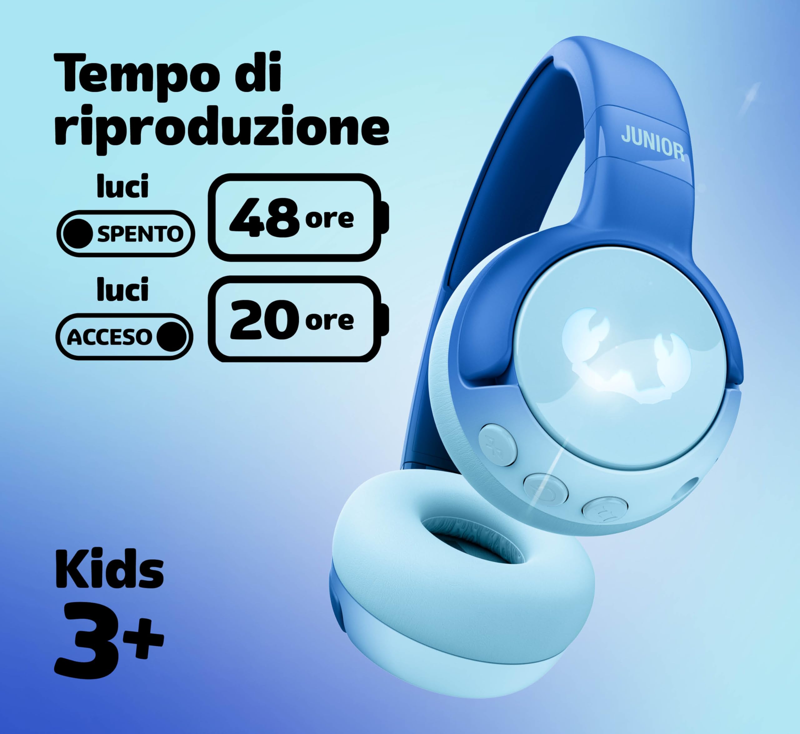 Fresh 'n Rebel Code Junior, Cuffie Bluetooth Senza Fili per Bambini, suono sicuro (<85dB), Adesivo inclusi, Collegare due cuffie, Effetti LED. 48 ore di riproduzione (Wavy Water)