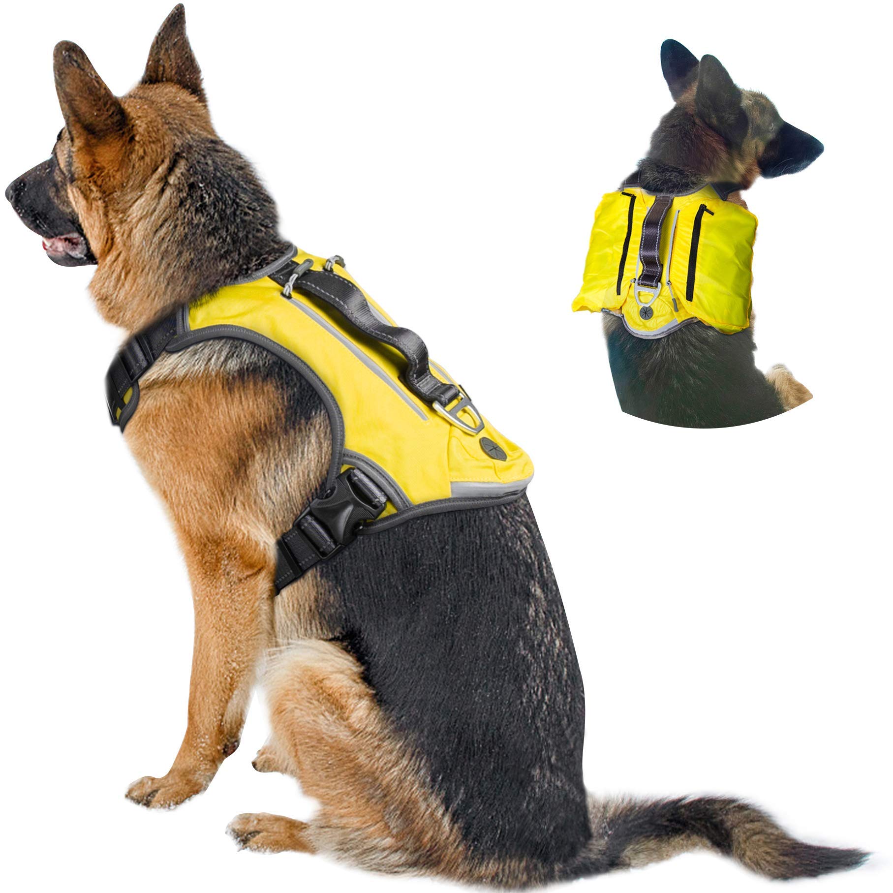 Fida Arnés antitirones para perro con alforja, arnés resistente para viajes, camping, senderismo (amarillo, XL)