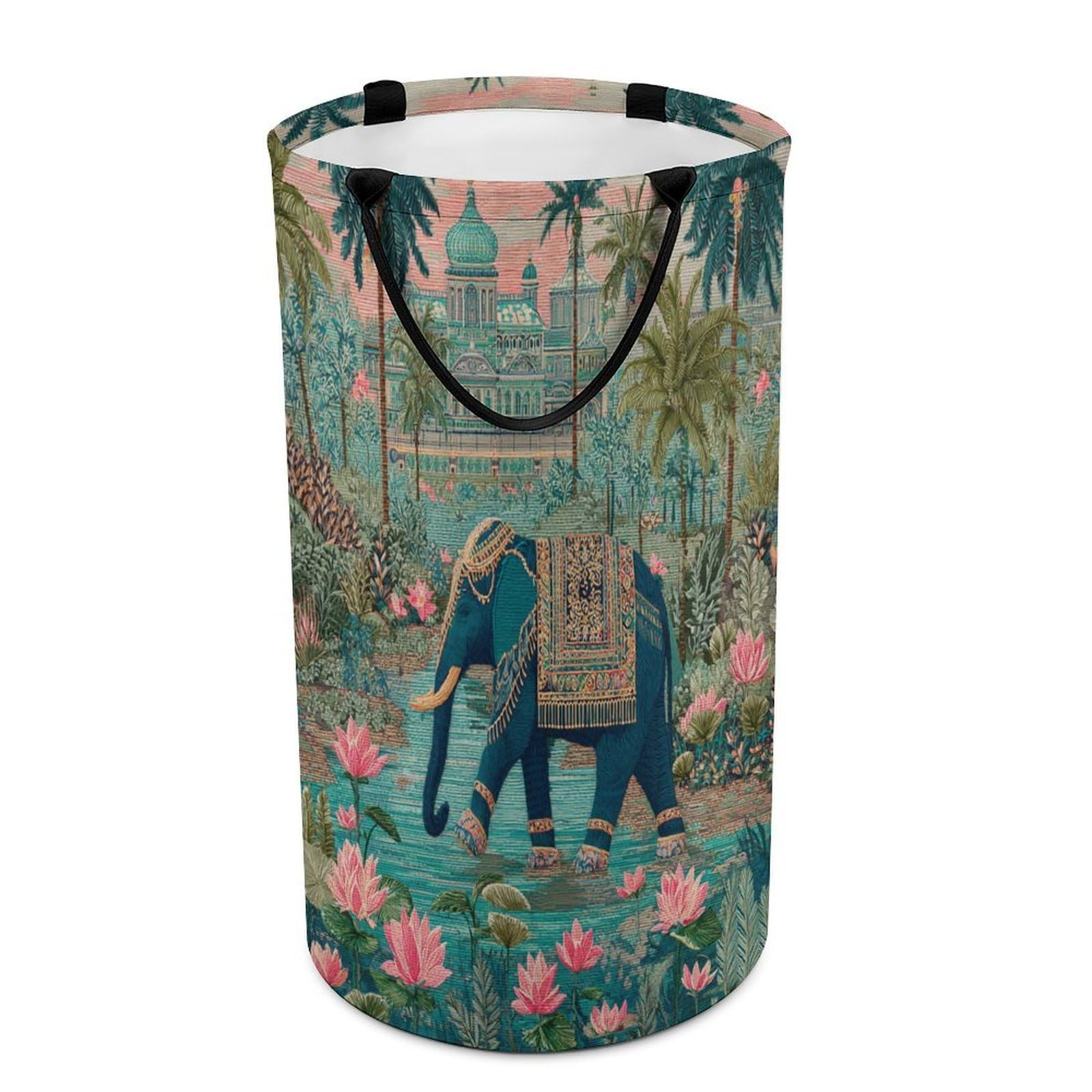 LUYYSKY Classic Realistic Indian Elephant Collapsible Dirty Clothes Basket, Retro Bohimian Castle Animal Elephant Lotus Flowers Palm Tree Portable Clothes Storage Laundry Basket-40 CM Dia, 69 CM High