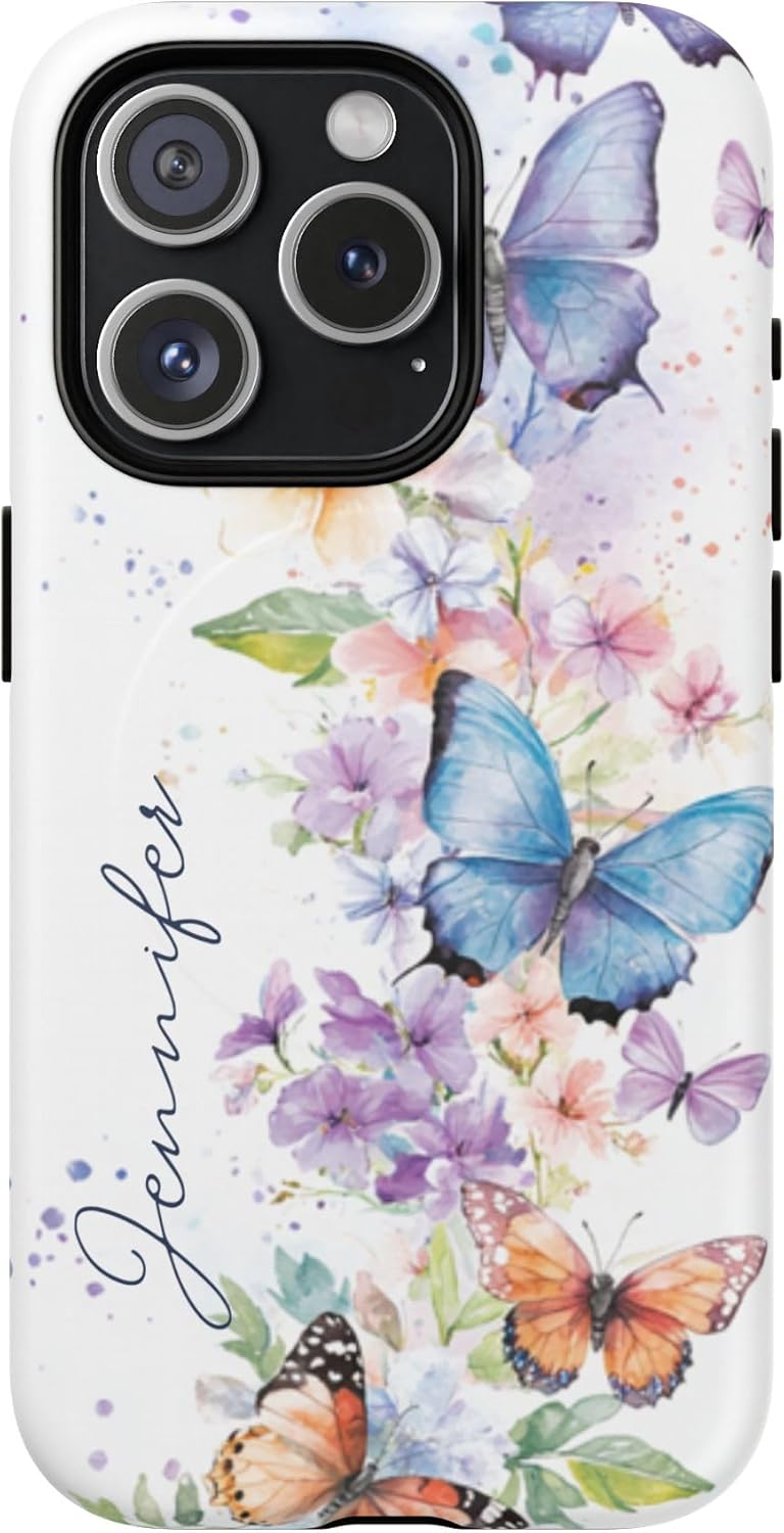 Watercolor Inspired Butterflies Magnetic Tough Case for Select iPhone Models | Floral Design with Custom Name (for iPhone 14 Pro Max)
