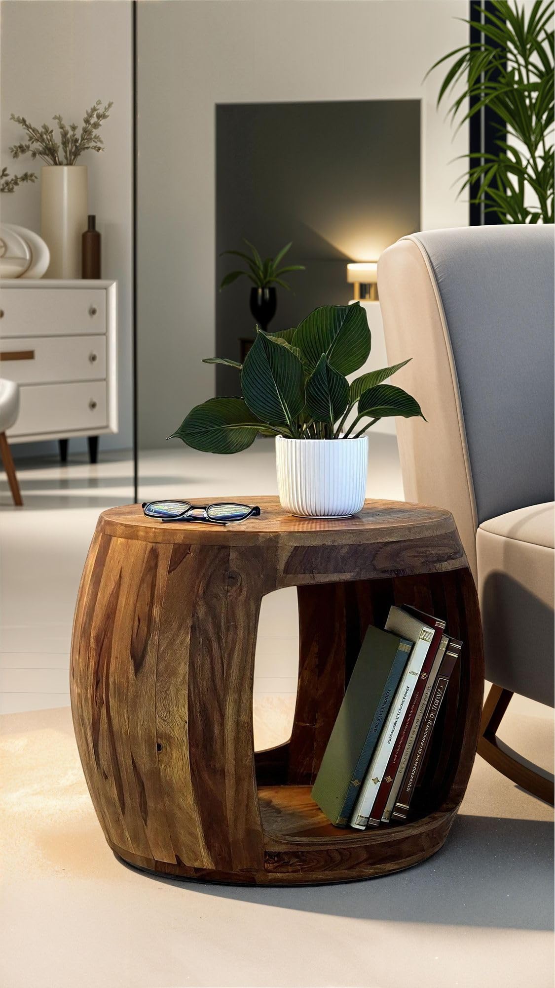 Wohnling Beistelltisch Rund Ø 50x40 cm Sheesham Massivholz, Ablagefach | Couchtisch mit offenem Fach im Naturdesign, Wohnzimmertisch aus Echtholz, handgefertigtes Unikat, Sofatisch