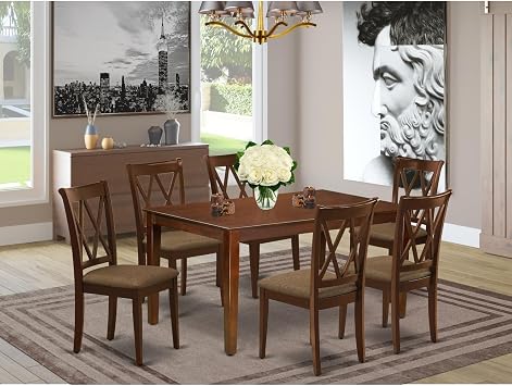 HomeStock Urban Upmarket 7Pc Dinette Set Includes A Rectangular Kitchen Table and Six Double X Back Linen Seat Dining Chairs, Mahogany Finish