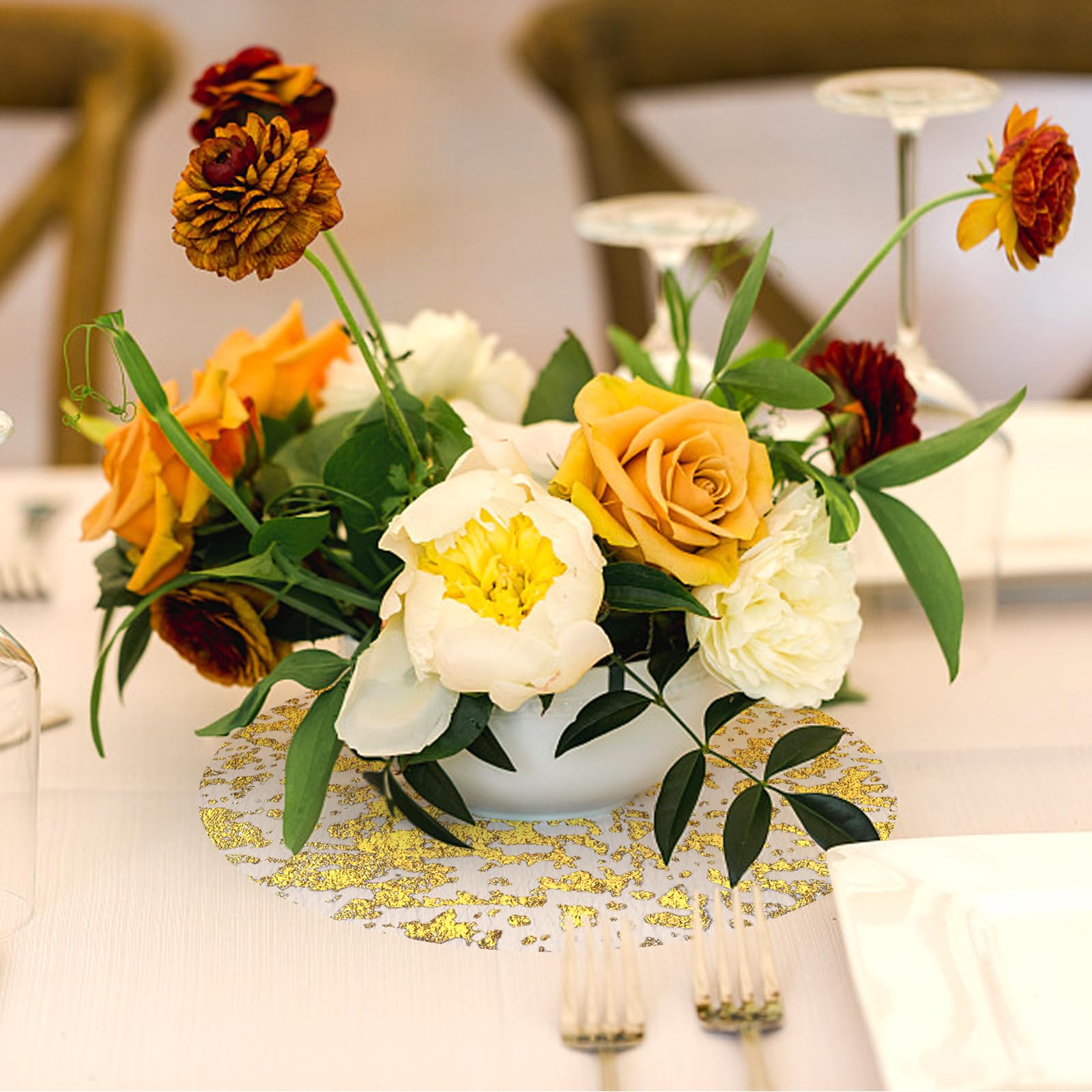 72 manteles individuales desechables de lámina dorada de 13 pulgadas, redondos, de malla prensada, manteles individuales con purpurina para decoración de mesa de comedor, manteles individuales de