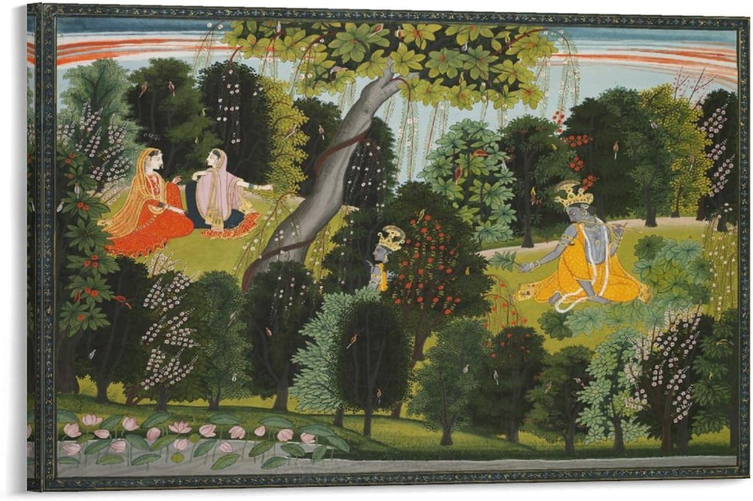 ZMLFJEA Indian Paintings,Sakhi Persuades Radha to Meet Krishna Canvas Poster Wall Art Decor Print Picture Paintings for Living Room Bedroom Decoration 12x18inch(30x45cm), Frame-style