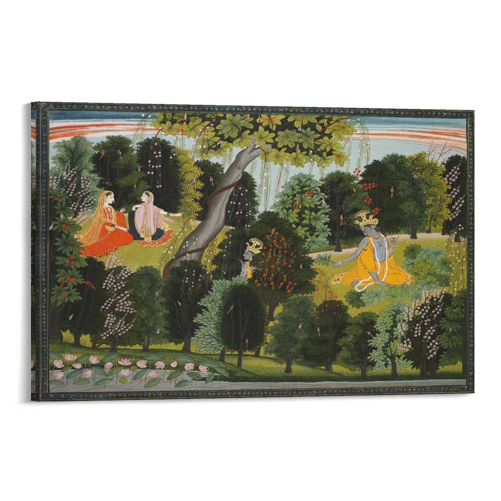 ZMLFJEA Indian Paintings,Sakhi Persuades Radha to Meet Krishna Canvas Poster Wall Art Decor Print Picture Paintings for Living Room Bedroom Decoration 12x18inch(30x45cm), Frame-style