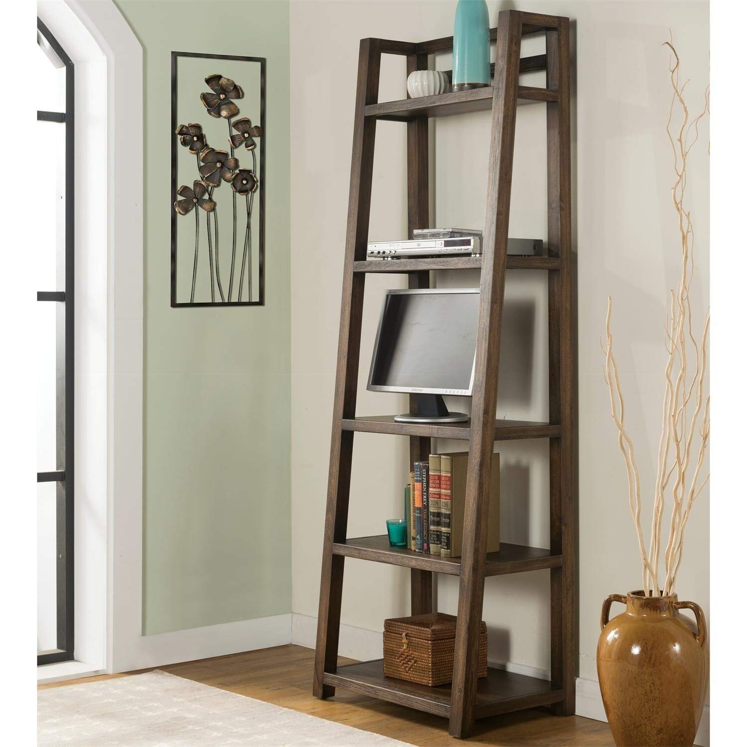 Riverside Furniture Contemporary Leaning Bookcase in Brushed Acacia Finish