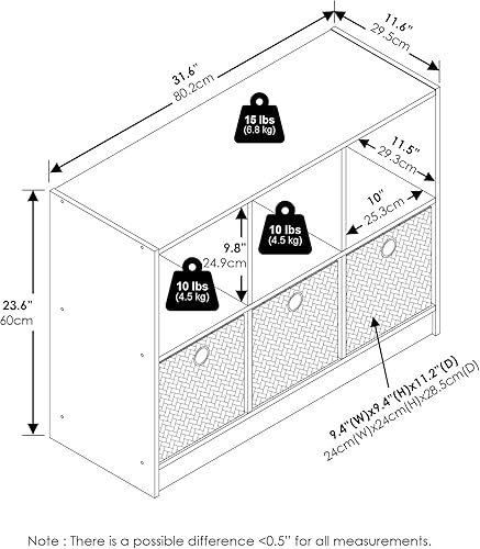 Miniatura 3 de Furinno Basic - Organizador de estantería de 3x2 cubos con contenedores, color blanco/negro Blanco/Negro,Americano/Marrón Medio,Cereza