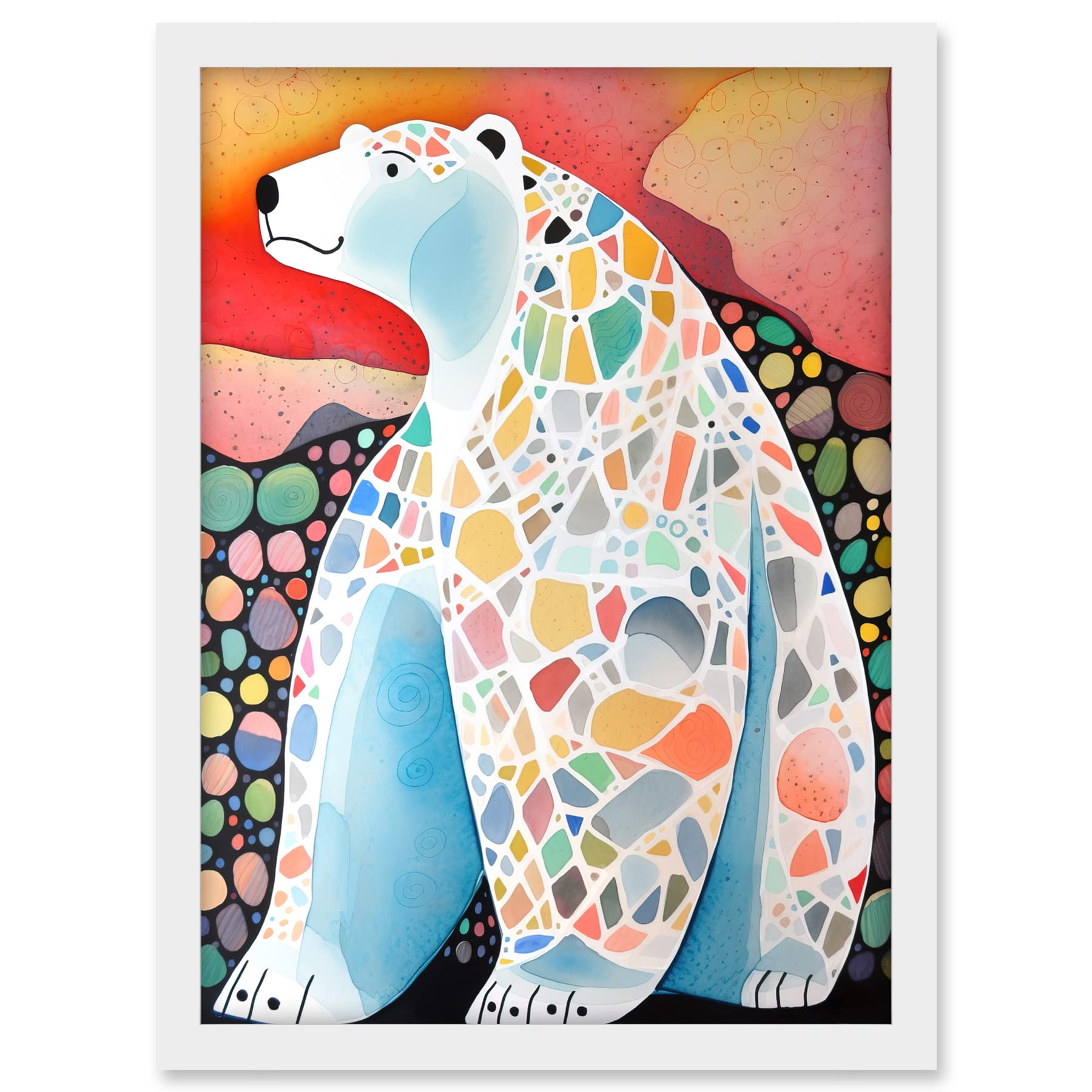Artery8 Polar Bear With Mosaic Pattern Folk Art Artwork Framed A3 Wall Art Print