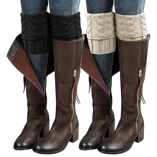 Loritta 2 Pairs Womens Boot Cuffs Winter Short Cable Knit Leg Warmers Boot Socks Gifts, G-Black+Beige(2 pairs)