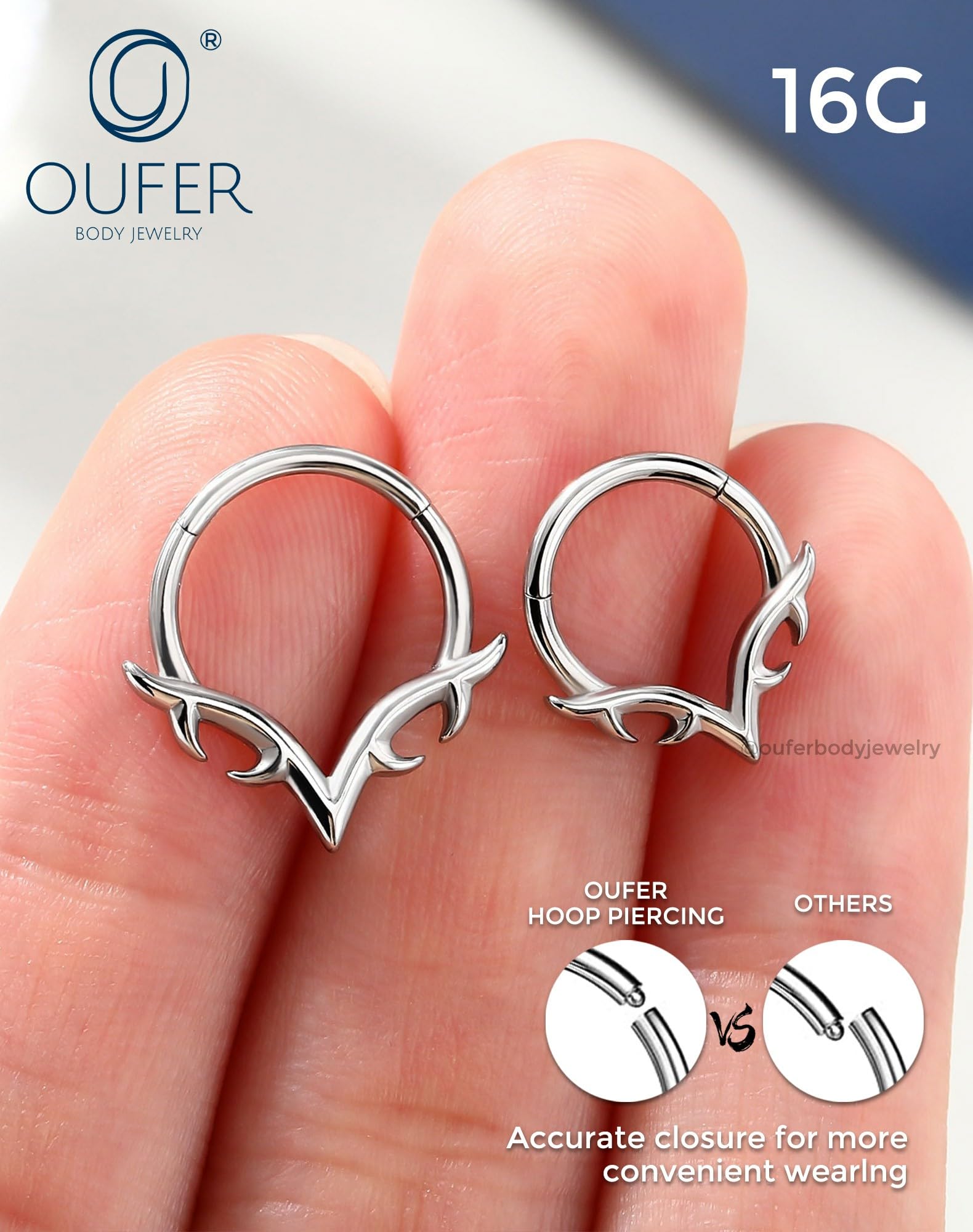 OUFER 16g Septum Rings, Blade Wings Septum Jewelry, V Shape Hinged Segment Clicker, Hypoallergenic Surgical Steel Nose Rings Hoops, Helix Daith Tragus Conch Piercing Jewelry for Women Men Silver/Gold: Silver 16G 10MM