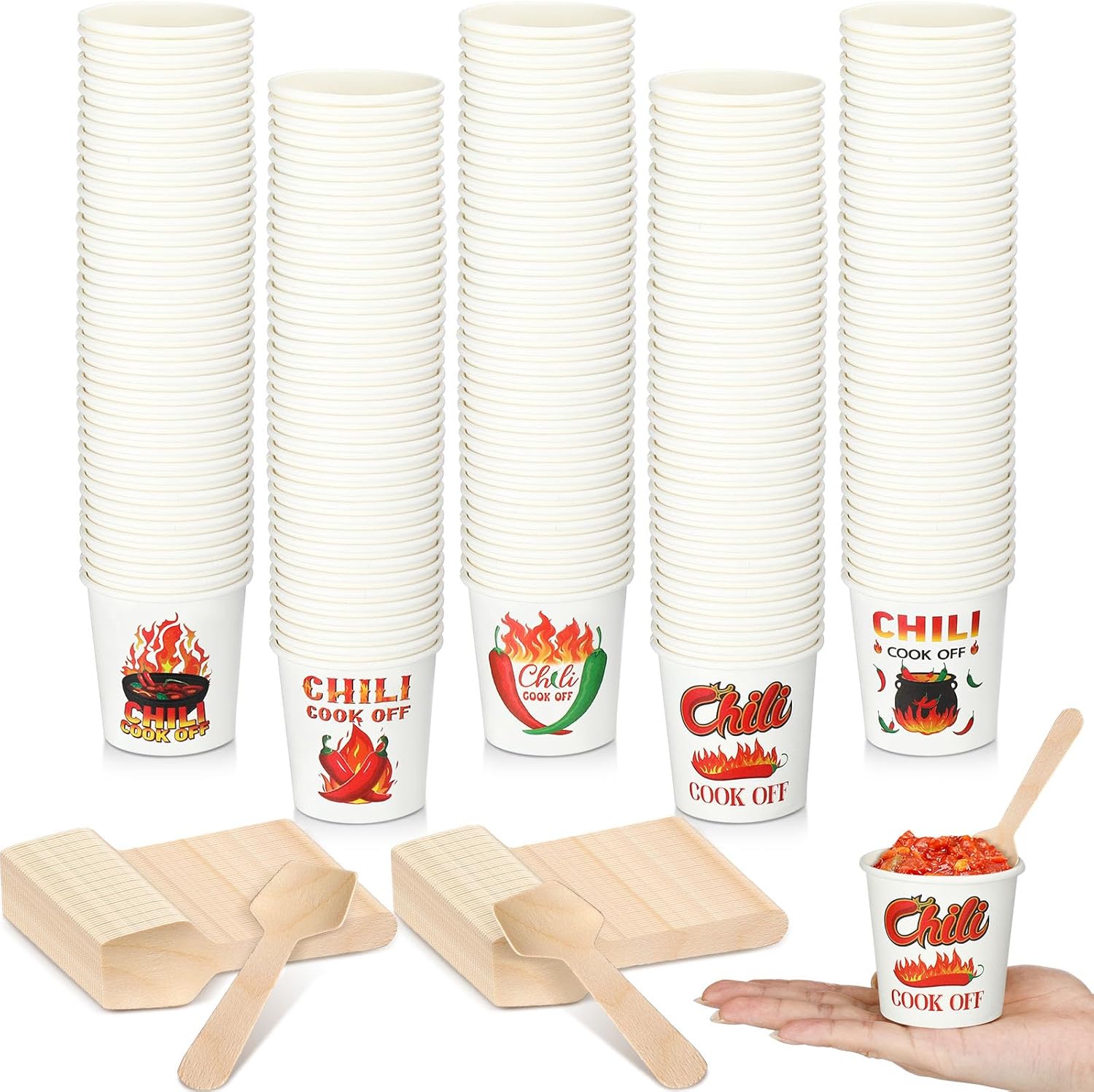 400 Pcs Chili Cook off Party Decorations Include 200 Disposable Sample Tasting Paper Cups and 200 Wooden Spoons for Chili Cook off Party Supplies(5 oz)