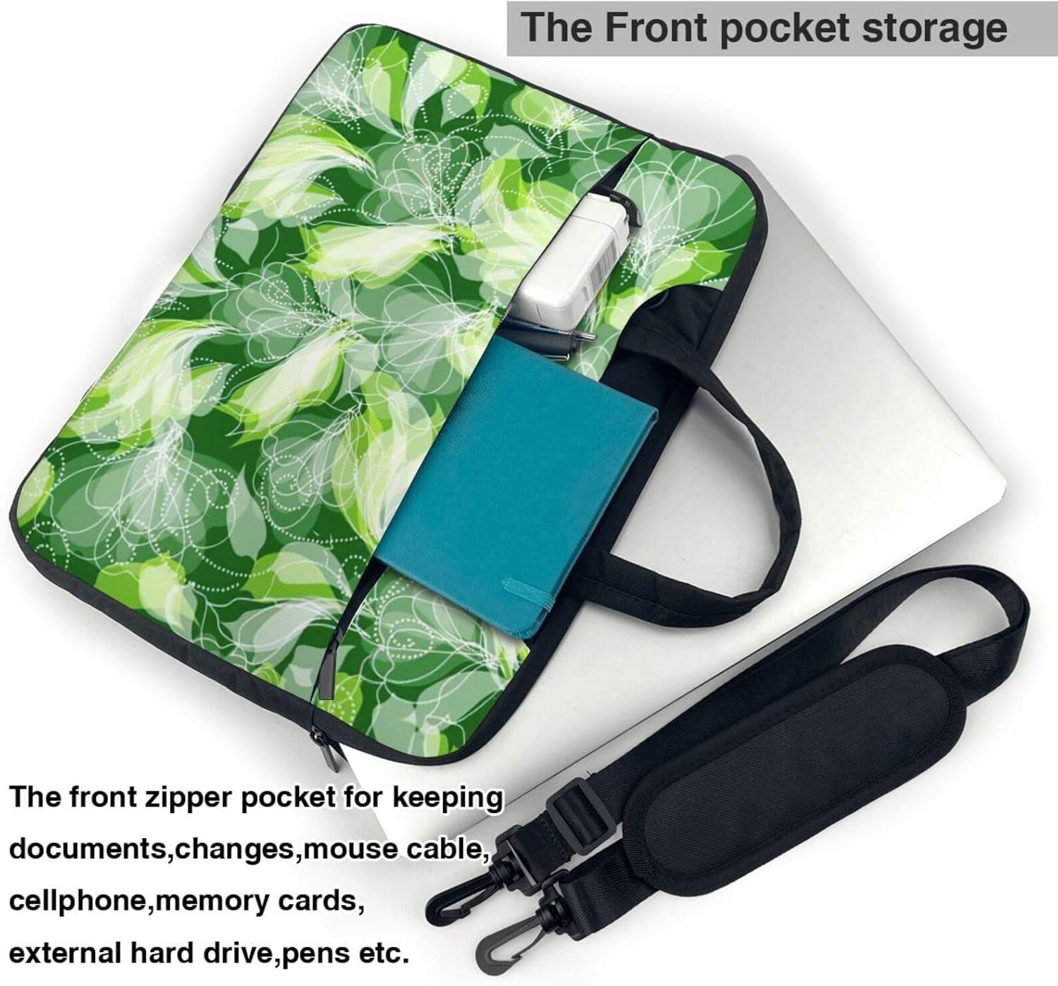 Green leaf Print Laptop Shoulder Bag Messenger Bag Notebook with Accessories Pocket 13/14/15.6 inch