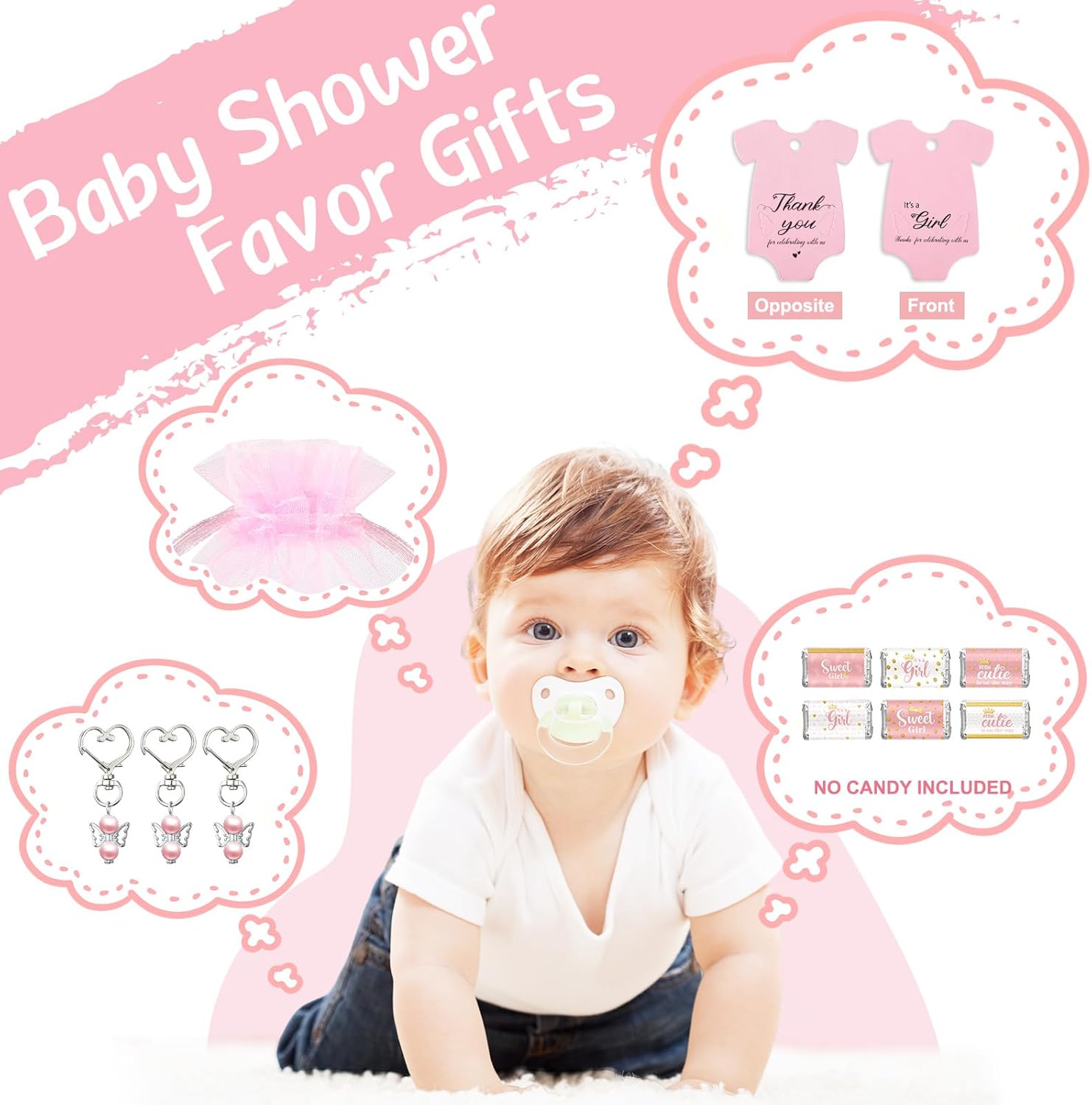 Teling 50 Sets Baby Shower Party Favors Baby Shower Angel Keychains Label Sticker Cards Organza Bags for Baptism Party(Pink)