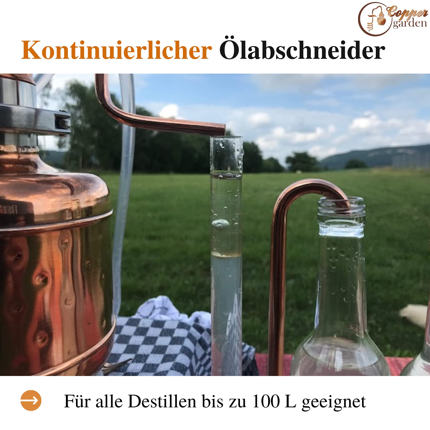 CopperGarden Ölabscheider kontinuierlich | Kupfer & Glas I Optimiert zur Abtrennung von ätherischem Öl vom Hydrolat I austauschbarer Glasröhre | Automatischer Scheidetrichter zum Destillieren von ätherischen Ölen