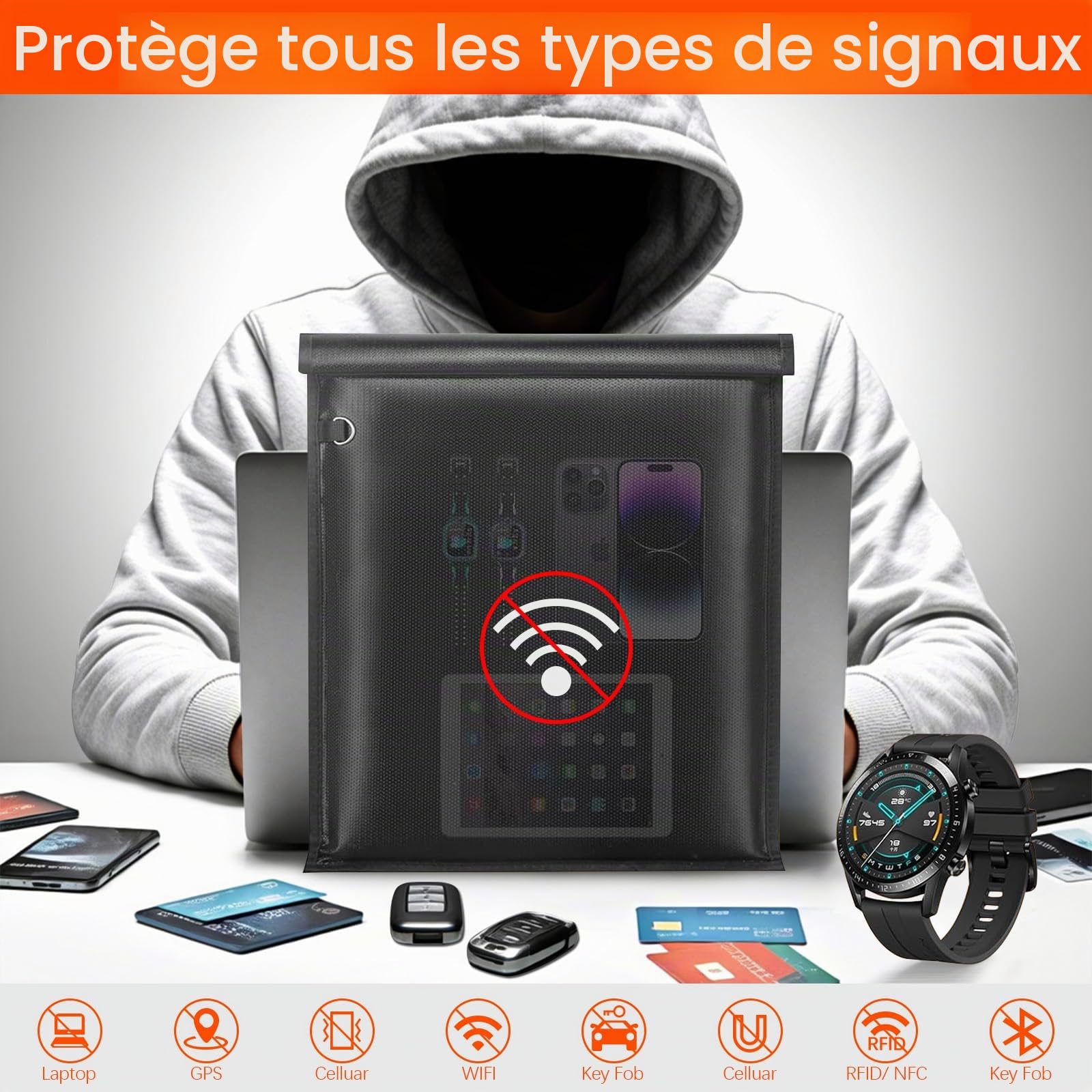 Sacs Faraday, grande cage Faraday antivol anti-suivi, sac blocage de signal RFID EMP, sacs Faraday pour protection de porte-clés pour téléphones/ordinateurs portables/tablettes/clés de