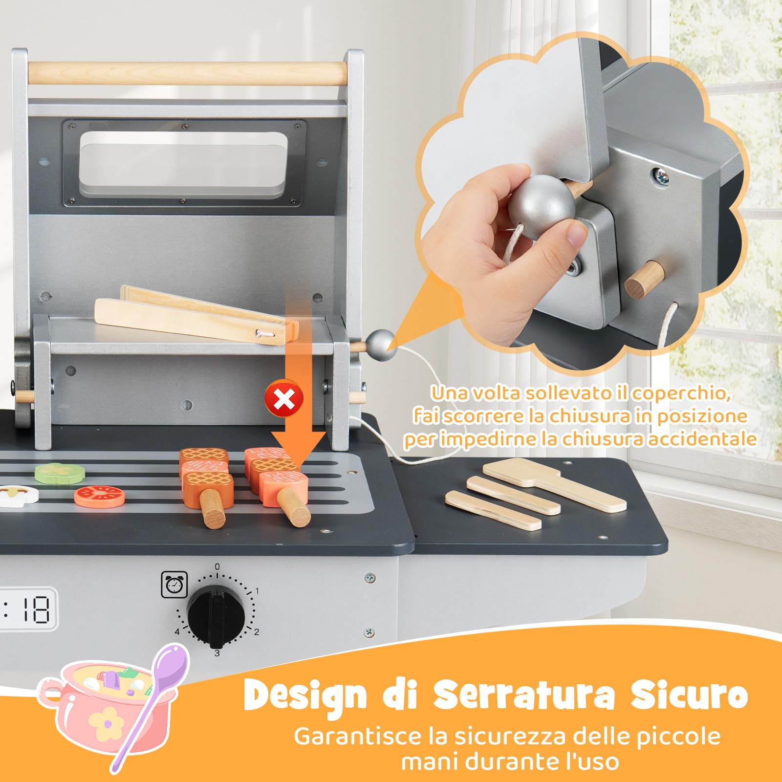 COSTWAY Set di Gioco per Barbecue in Legno per Bambini, Gioco di Griglia per Bambini con 2 Grill, Coperchi Ribaltabili, Ricchi Accessori e Cibi Giocattolo, per Bambini 3+ Anni