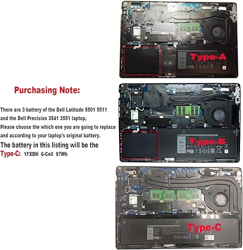 Miniatura 5 de 1FXDH - Batería para portátil compatible con Dell Latitude 15 5501 5511 Precision 3541 3551 Series Notebook 01WJT0 1WJT0 11.4V 97Wh 8071mAh 6-Cell