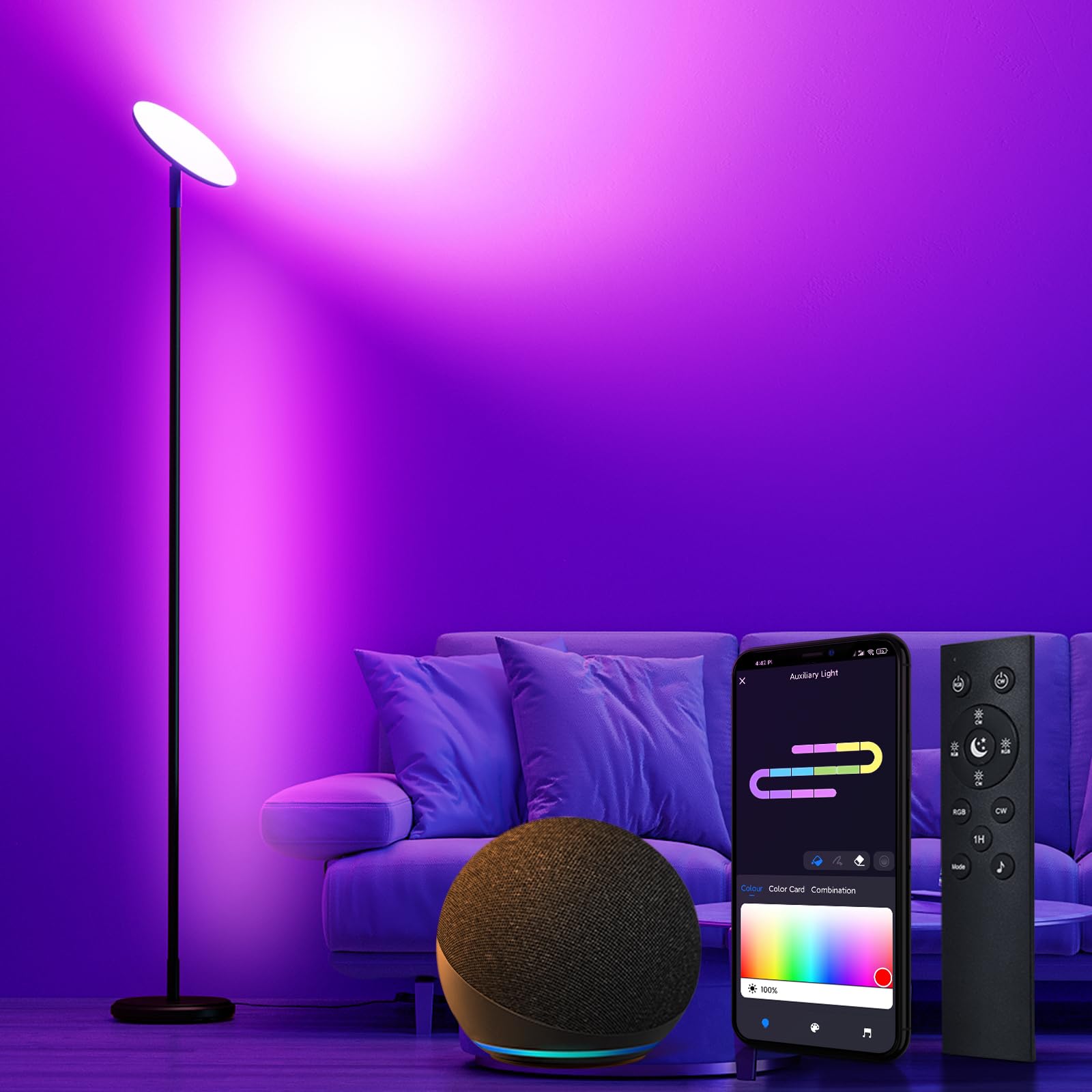 OUTON S1 2-in-1 Smart RGBIC Corner Floor Lamp & 30W/3000LM Bright LED Torchiere, WiFi-App Control, 16 Million DIY Colors, Music Sync, Standing Lamp for Living Room Bedroom Gaming Room