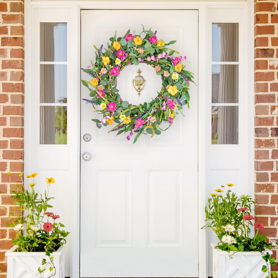 Udoula 22'' Spring Wreath for Front Door - Daisy Artificial Flowers Summer Wreath with Natural Vine for Home Decor, Farmhouse Home Indoor Front Door Decoration
