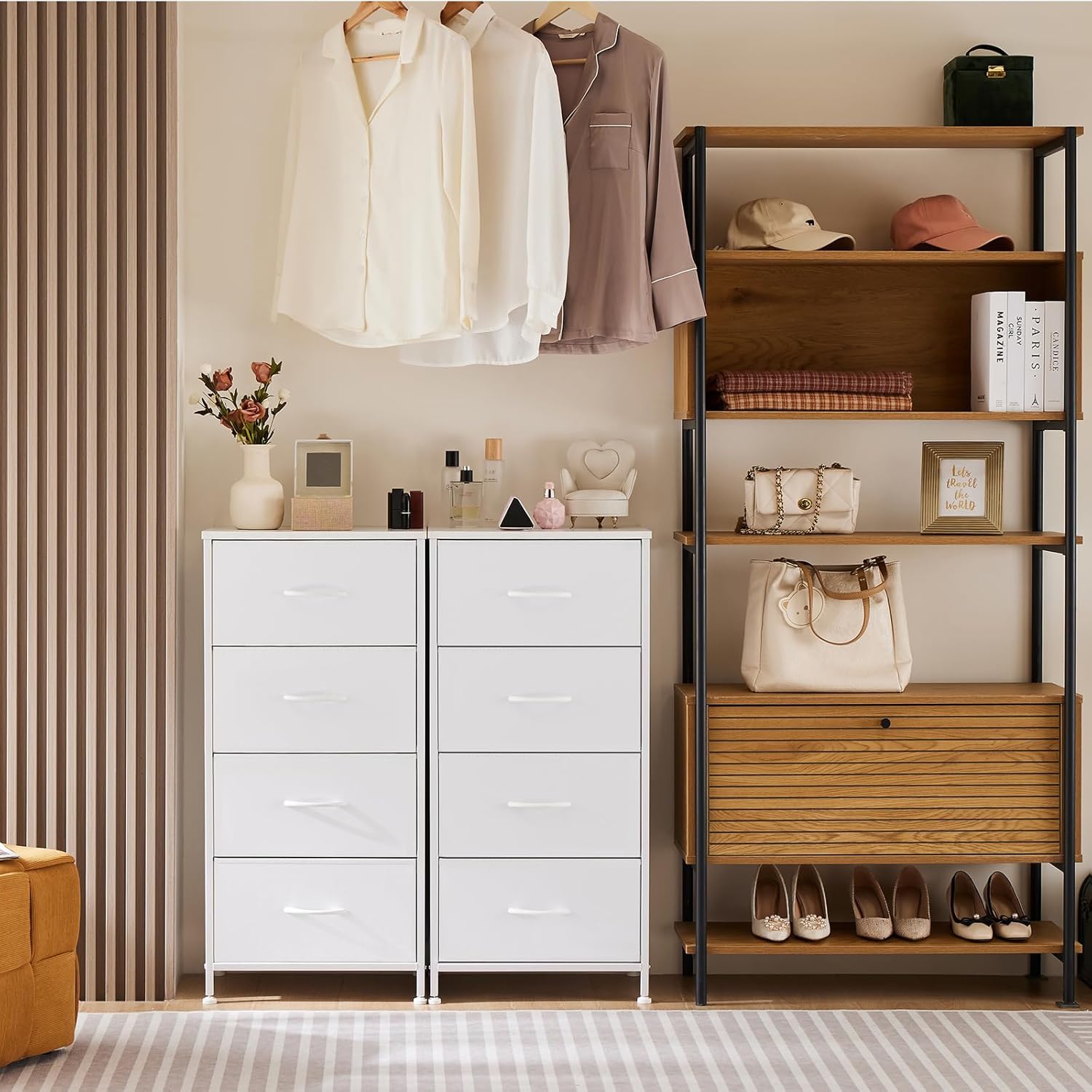 dresser for bedroom with 4 drawers, anti-tip tall fabric chests storage organizer tower furniture with wooden top metal frame for clothes, closet, living room, hallway, entryway white 11.8"d x 17.7"w x 37.4"h (4 drawers)