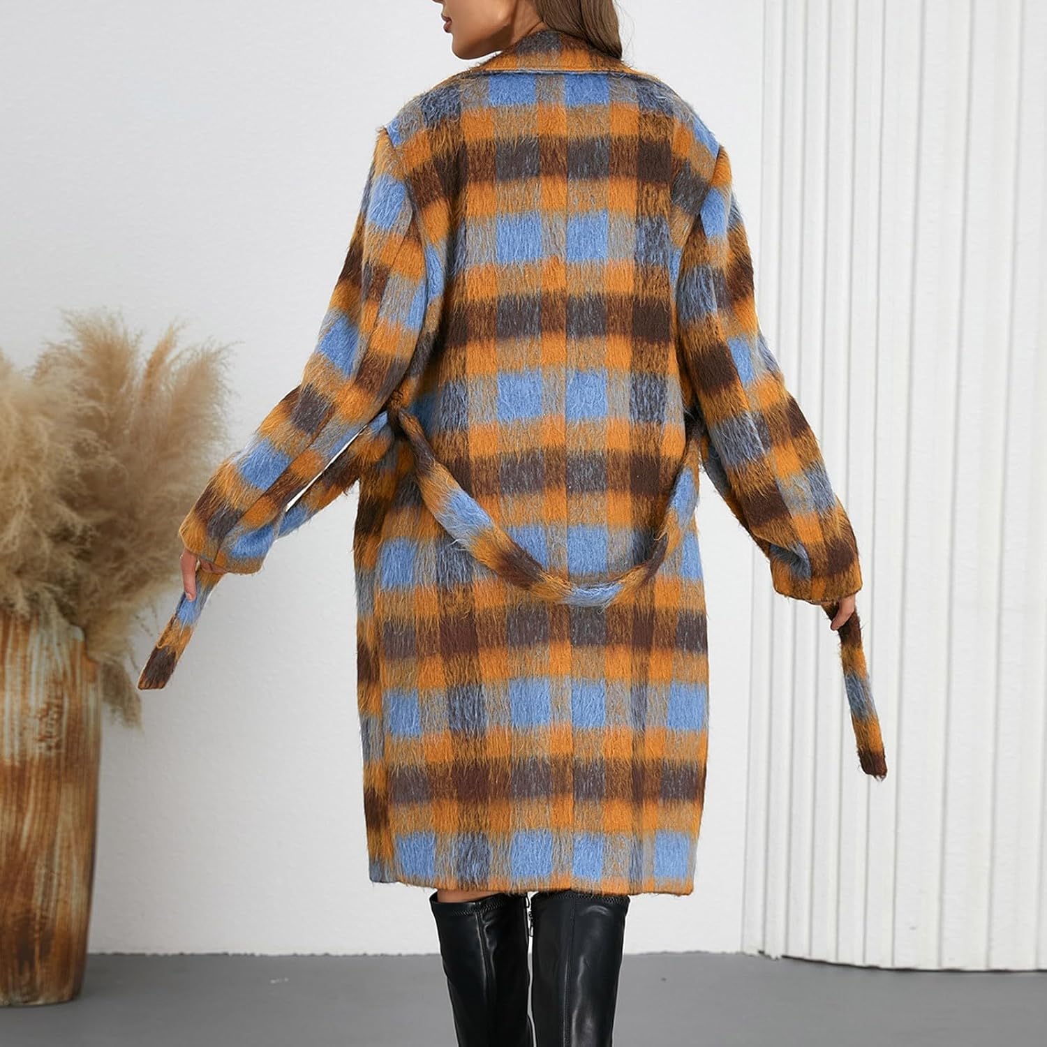 Women's Winter Double Breasted Wool Coat Long Sleeve Notch Lapel Long Plaid Print Warm Trench Peacoat Long Jacket