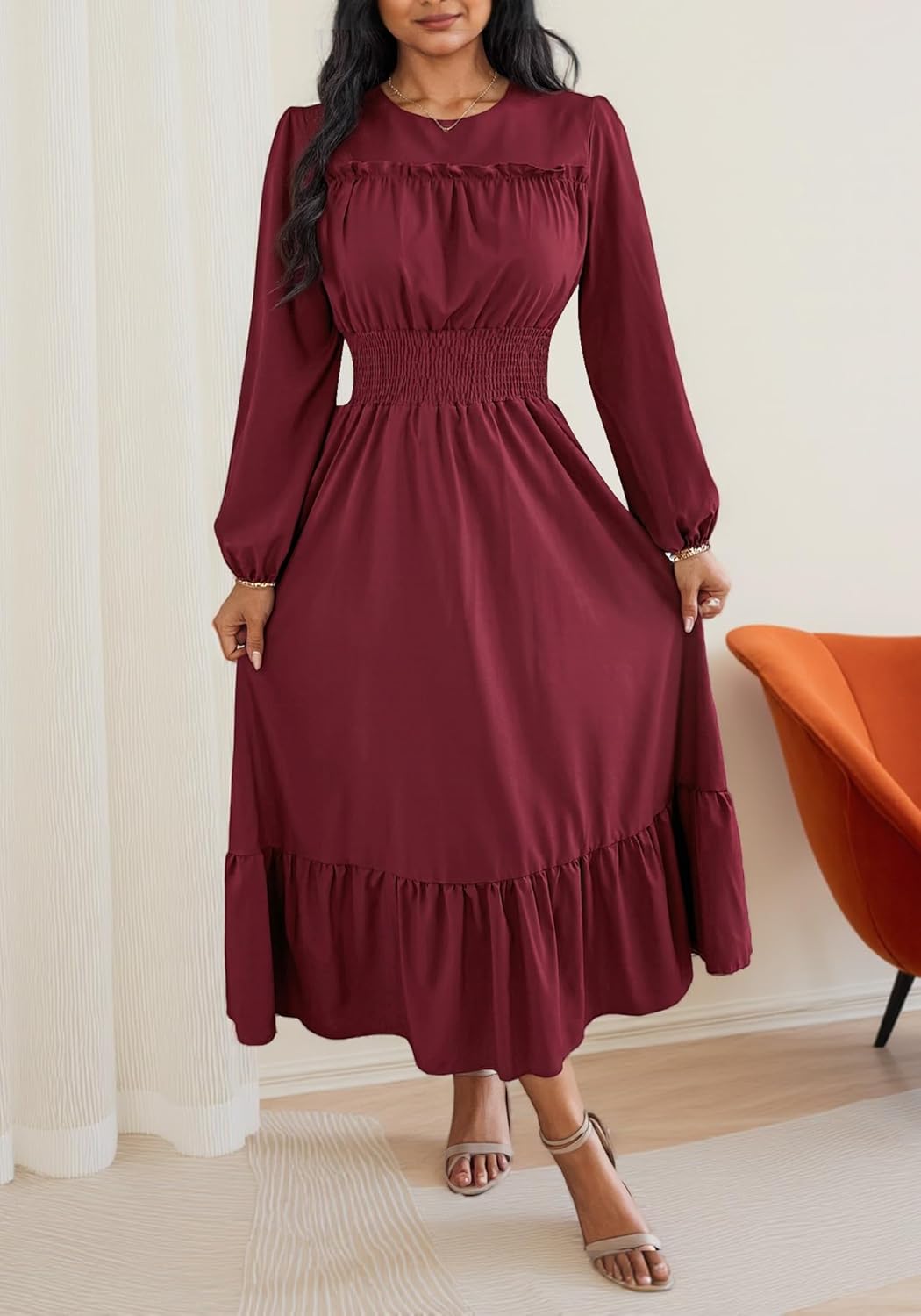 Womens Elegant Long Sleeve Maxi Dress Casual Pleated Tiered A Line Wedding Dresses Flowy Cocktail Party Dress - Image 2