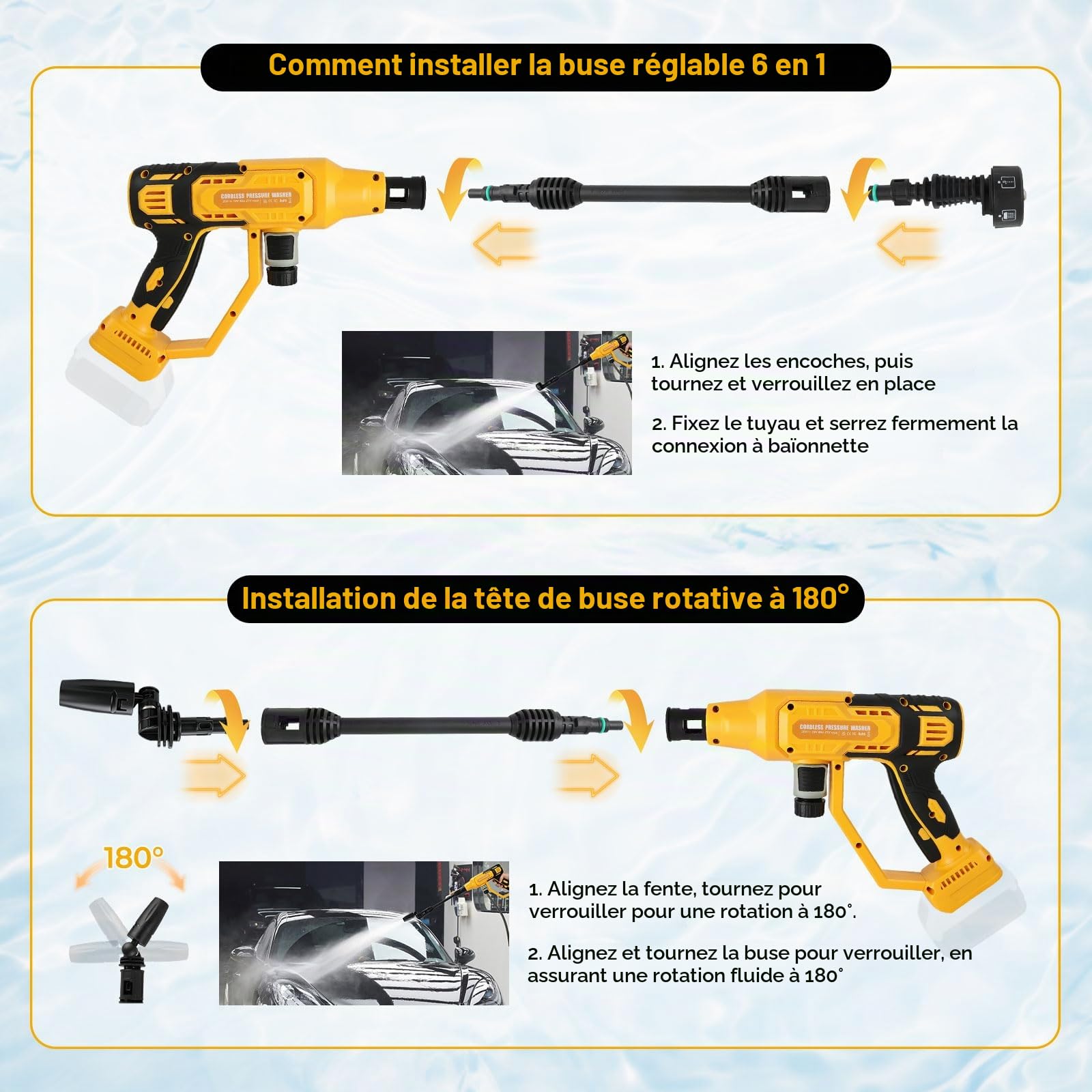 Nettoyeur haute pression sans fil compatible avec Dewalt 20 V, 20 000 tr/min, 986 psi, nettoyeur de voiture portable sans balais avec buse 6 en 1, 4 niveaux de vitesse pour nettoyer les sols de