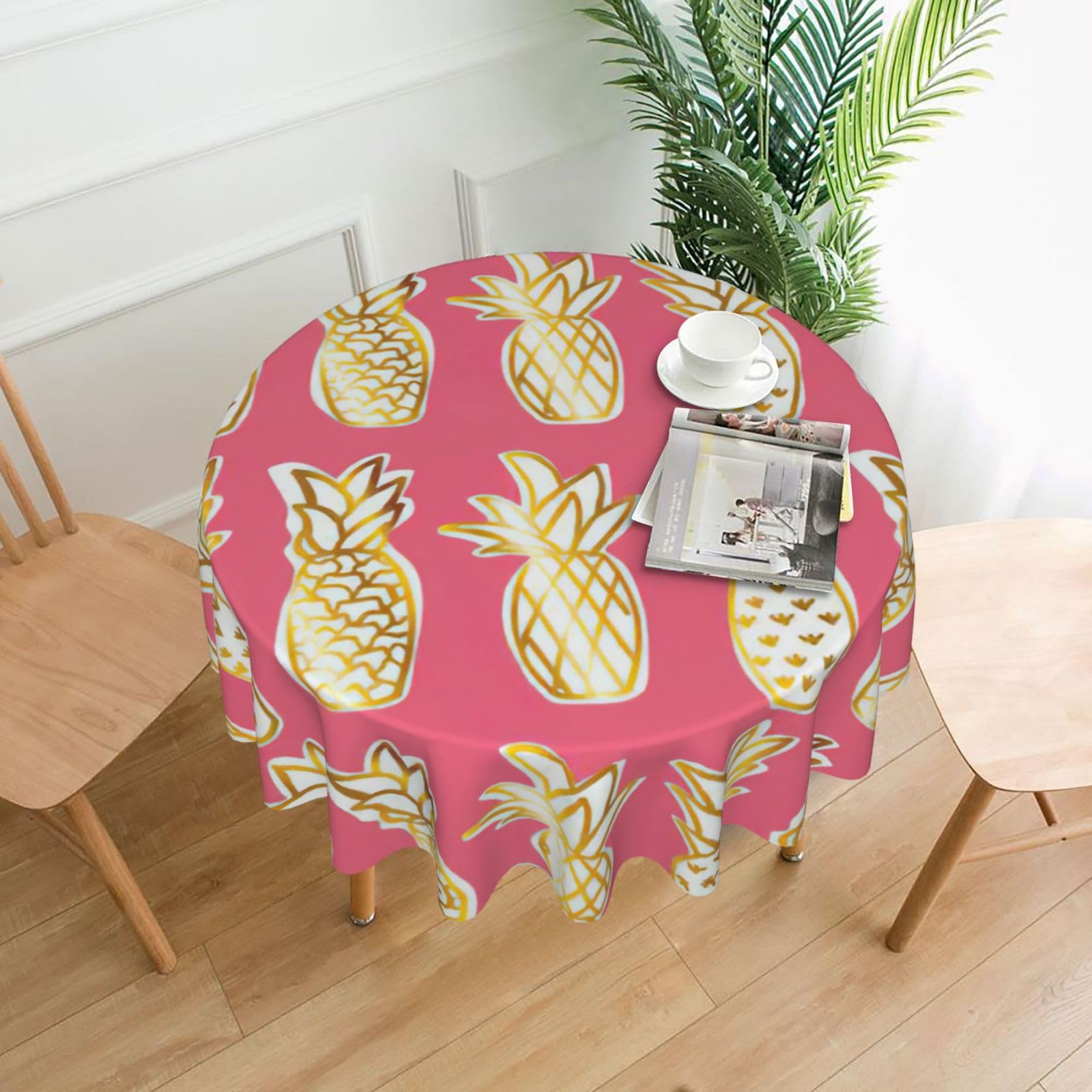 Uusnwaa Pineapple Print Round Tablecloth 60 Inch, Stain Wrinkle Resistant Washable Polyester Table Cover For Kitchen Party