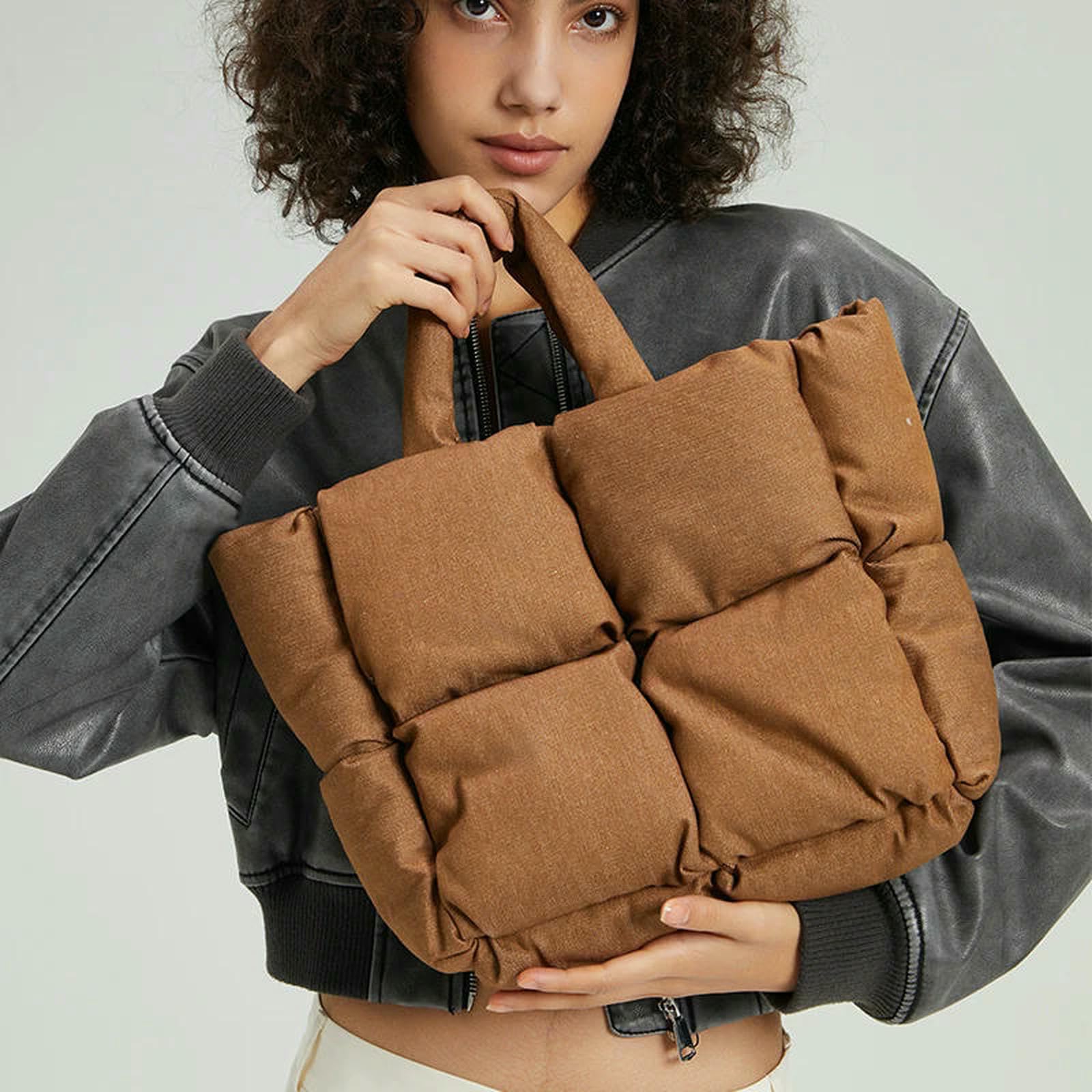 Borsa a Mano Donna Borse Tracolla da in Cotone Imbottito con Morbida Denim alla Moda, Inverno Caldo-Marrone