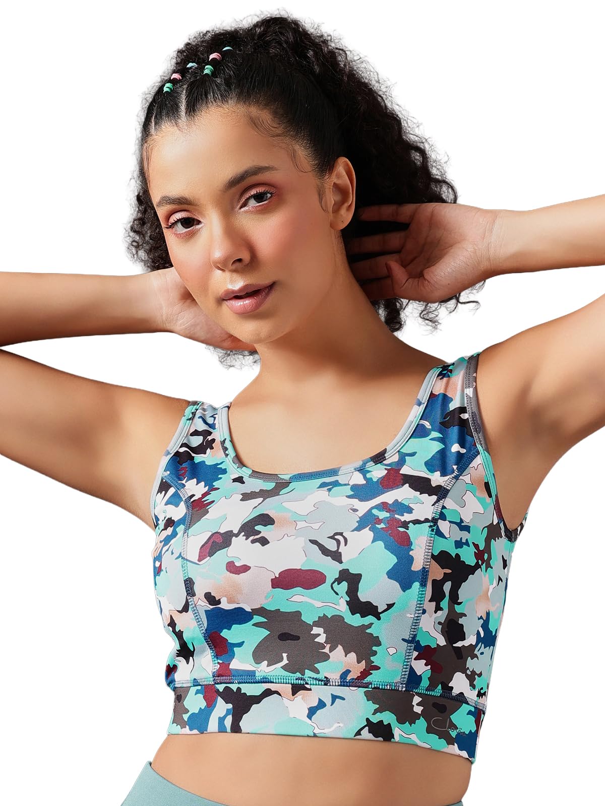 Women's Polyester Medium Impact Padded Non-Wired Camouflage Print Sports Bra