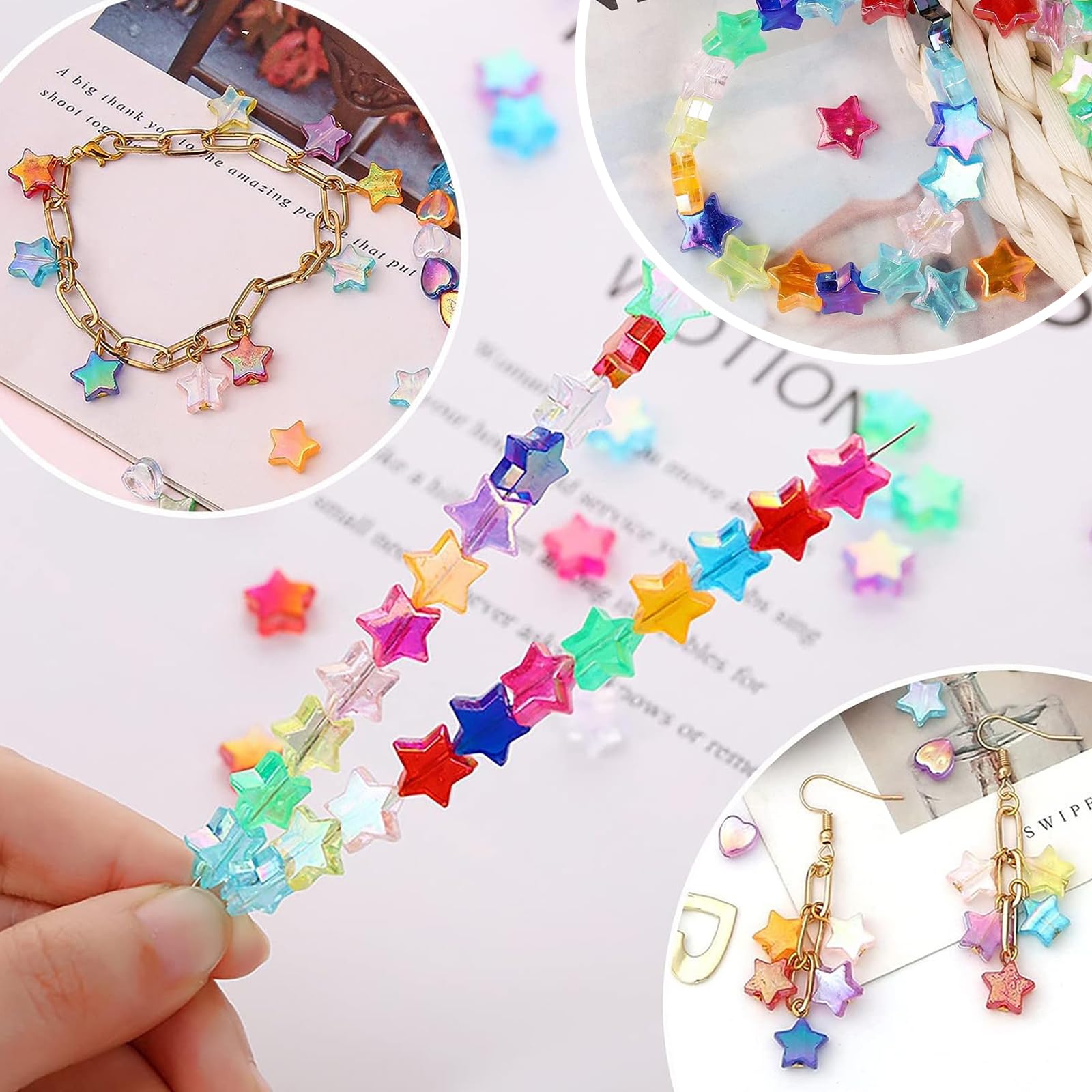 600 Perles Cœur Et étoiles Acrylique - Taille 9-11 Mm - Avec Fil à Perles - Pour Fabrication Bijoux DIY - Multicolore