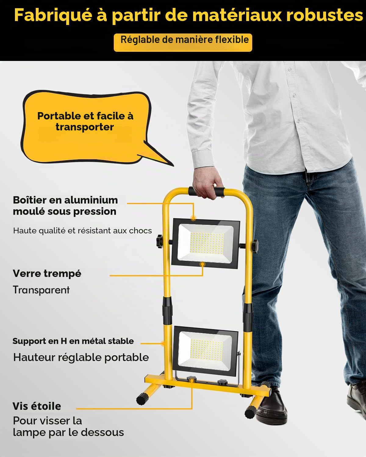 Projecteur LED Chantier 200W, Lampe Chantier LED 10000LM avec Stand Télescopique en Métal, Projecteur Chantier LED Portable Etanche IP66 6500K Blanc Froid pour Atelier, Garage, Construction