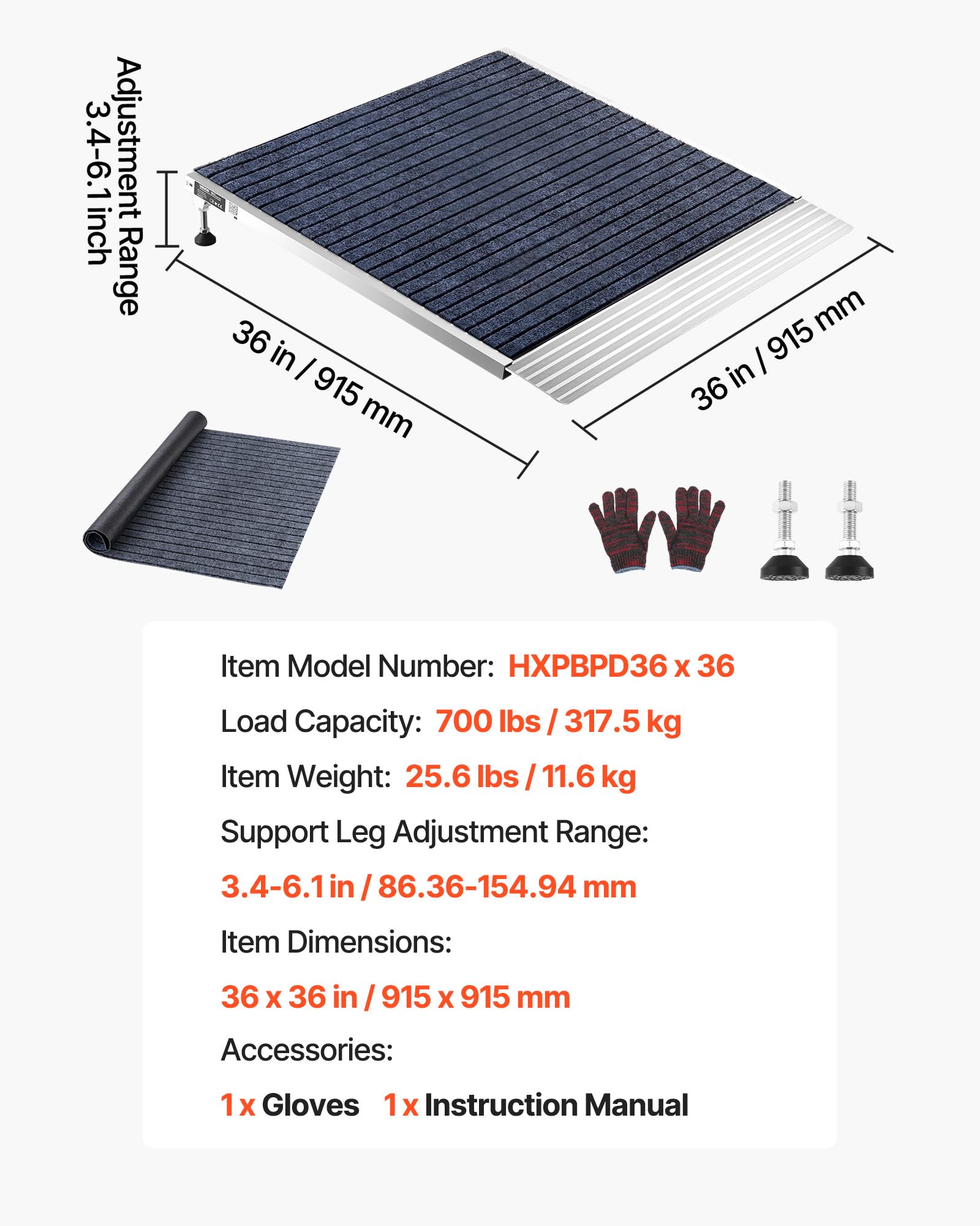 VEVOR Rampa progowa do drzwi, 91,5 x 91,5 cm, aluminiowa rampa do wózków inwalidzkich, regulowana wysokość, antypoślizgowa powierzchnia, maksymalne obciążenie 317,5 kg, do schodów, drzwi, wózków i