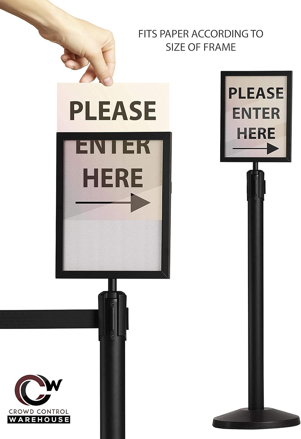 Crowd Control Warehouse Stanchion Post Top Sign Frame, 11 x 14 Inch Vertical Satin Brass Steel