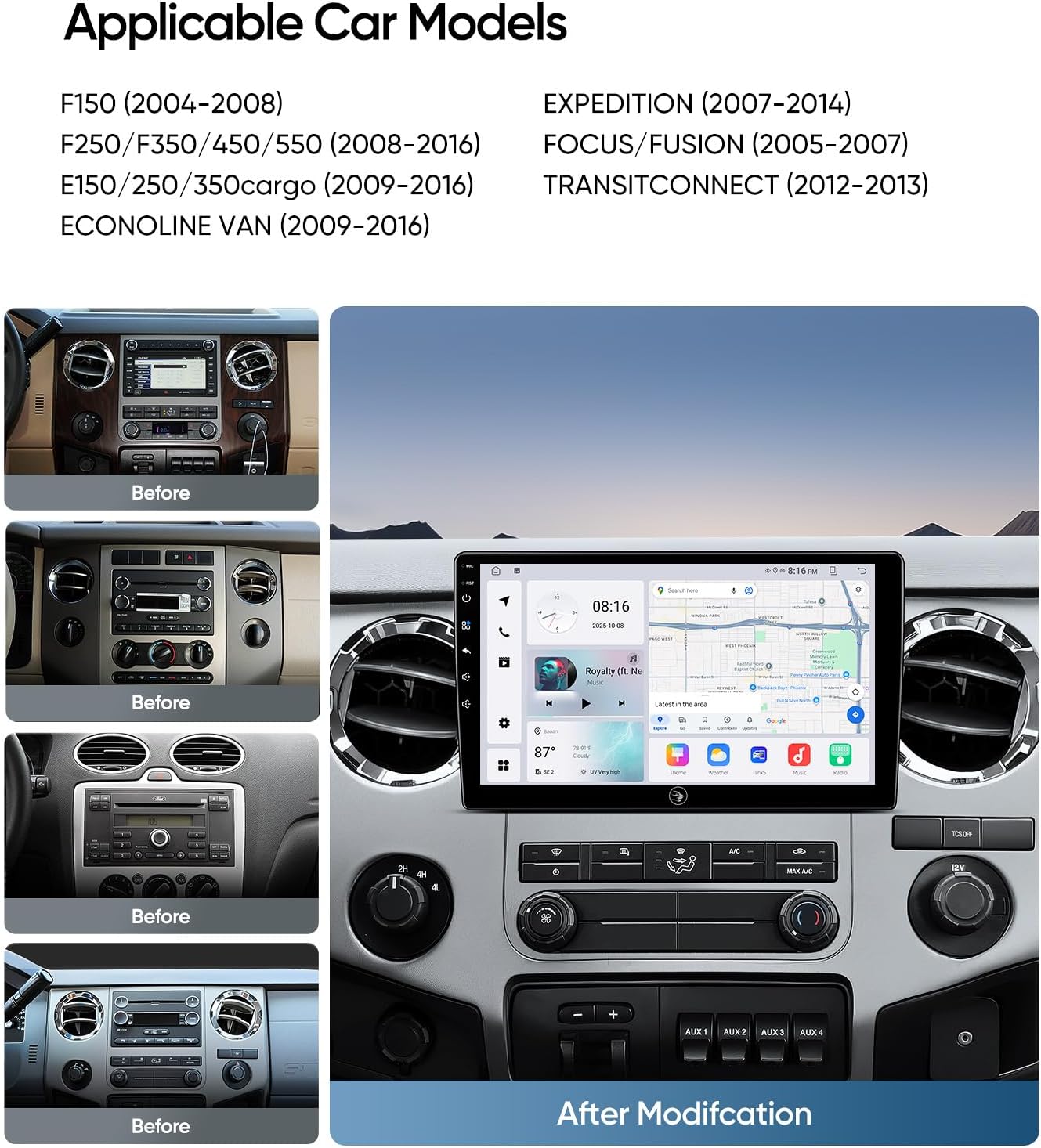 10.2 Inch Car Radio Stereo for Ford F150 (2004-2008) F250/F350/F450/F550 (2008-2016) with Android 13,Touch Screen,Carplay,Android Auto,4+64G,1080P Backup Camera,GPS Navigation,BT,SWC,FM,AM 4