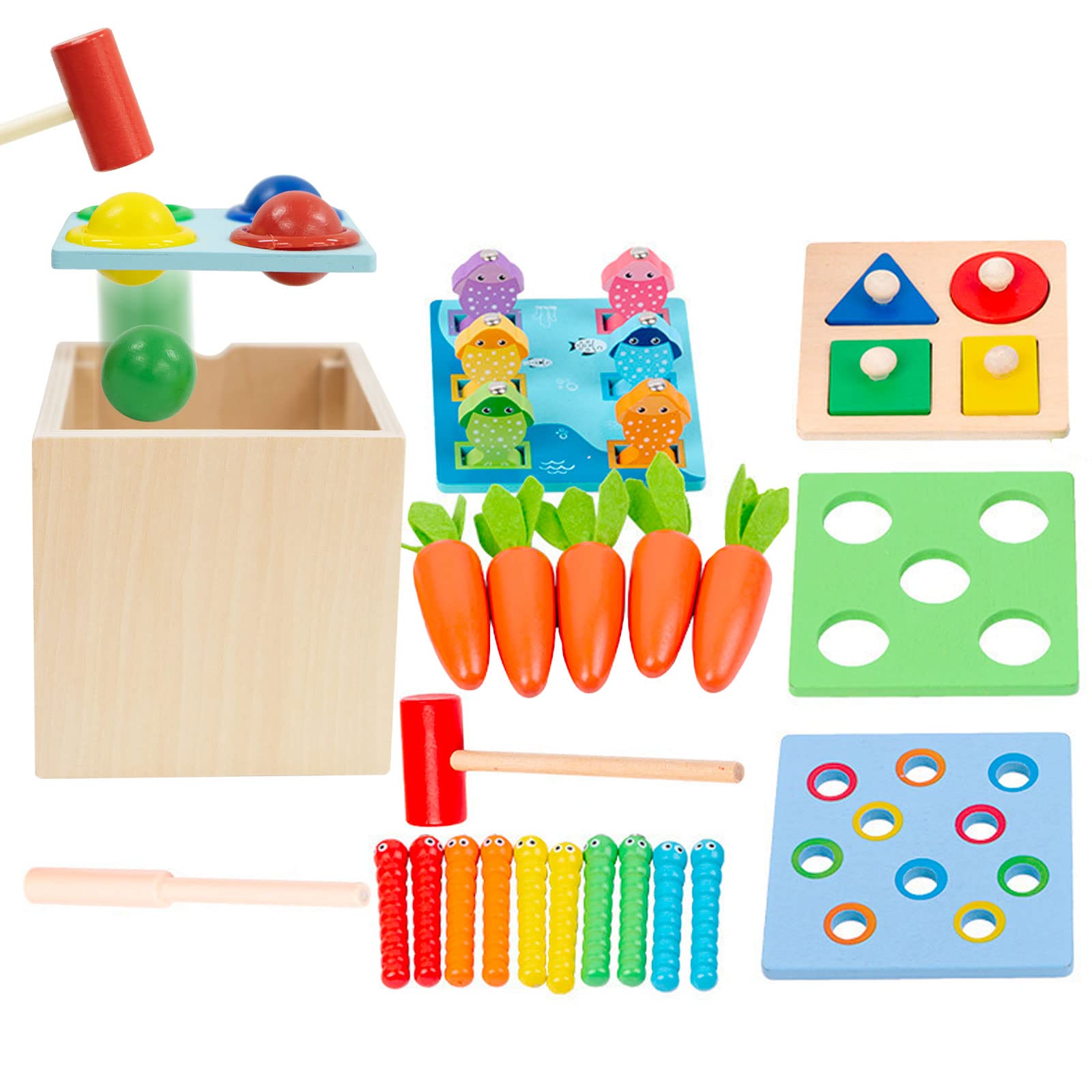 5 in 1 Montessori Toys for 1 2 Year Old, Hammering Pounding Toy, Fishing Game, Carrot Harvest Toy, Shape Sorter, Bug Catching Game, Baby Sensory Toys Gifts for Boys Girls Toddler 2 3 4 Years Old
