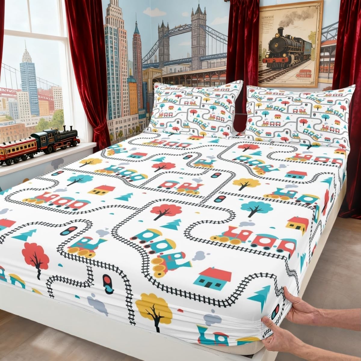 Manfei Cartoon Train Kids Fitted Sheet Full Size,Cute Choochoo Vehicles Bedding Set,Boys Girls Adults Room Decor,Cartoon Trees City Road Transport Bed Cover,Colorful Chic Bed Sheet,2 Pillowcases