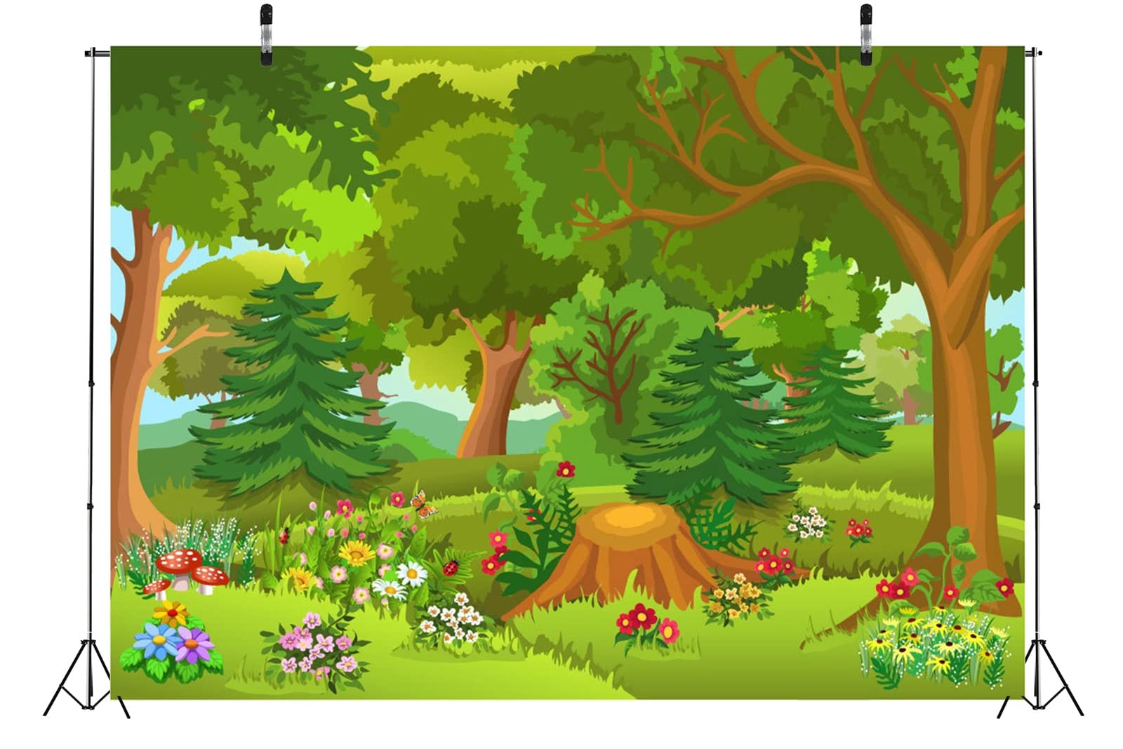 BELECO 2.1x1.5m Fabric Cartoon Forest Backdrop Fairytale Forest With Flowers Mushroom Phtography Backdrop For Birthday Party Decoration Baby Shower Kids Game Photoshoot Photo Background