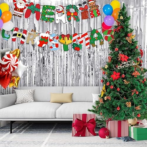 Miniatura 8 de Paquete de 2 cortinas de oropel de aluminio rojo (3.2 x 8.2 pies), cortinas de flecos metálicos con purpurina para decoración de fiestas