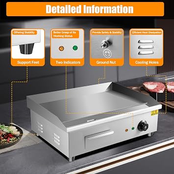 22 Inch Commercial Electric Countertop Griddle,3000W 110V Flat Top Grill Hot Plate,Stainless Steel BBQ Teppanyaki Griddle Cooktop for Processing Pancake Steak Hamburger,122-572F Adjustment Temperature