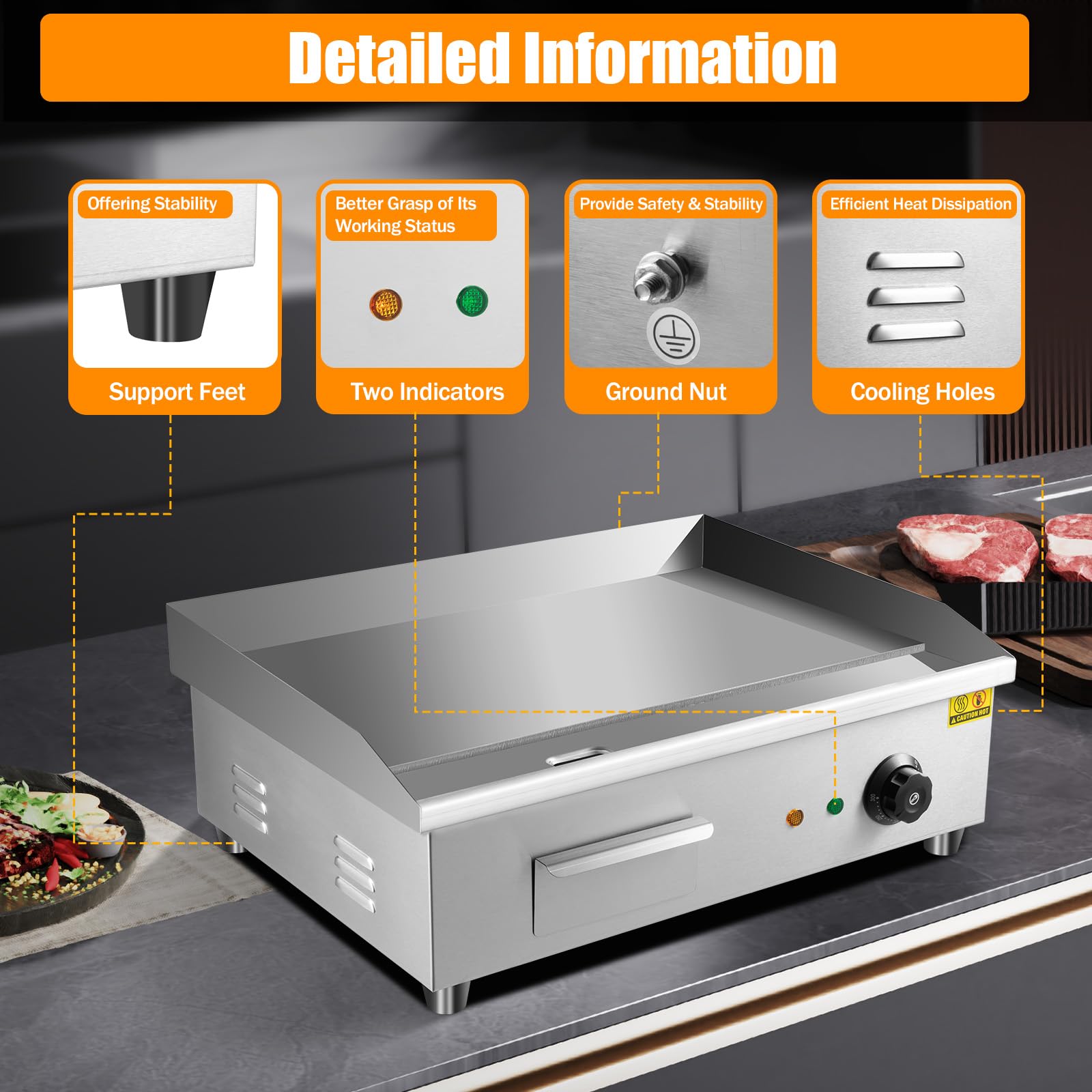 PDTHADP 3000W Commercial Electric Griddle 110V Electric Countertop Griddle 21.25 x 15.74 x 8.26 Inch Commercial Electric Countertop Griddle 122-572? Adjustable Temperature Control Griddle