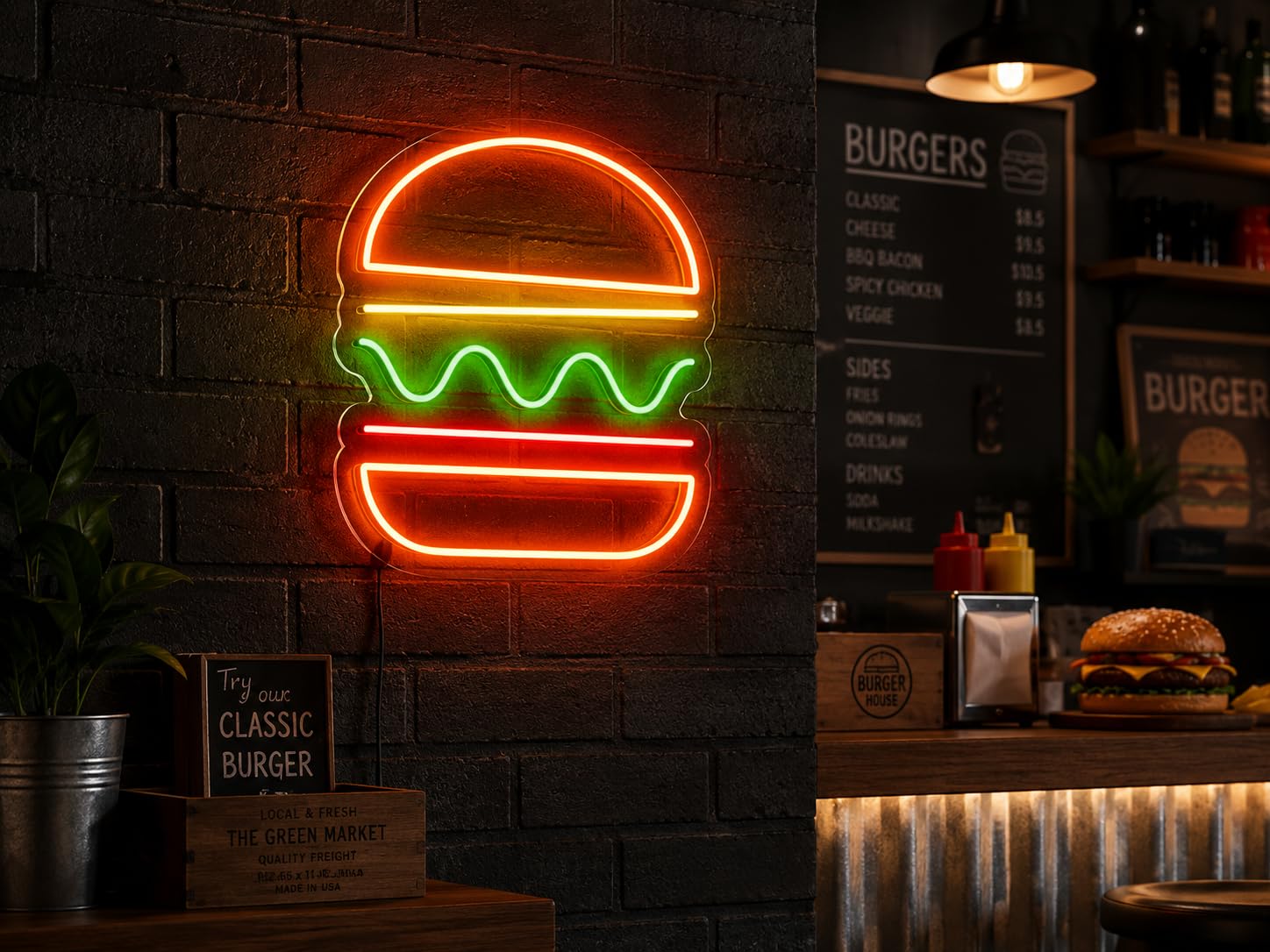Carteles Luz de Neon Señales Iluminación Ambiente Interior Bebidas Cerveza Vaso de Café Taza de Té para Decoración Bar Restaurante Club Nocturno Ambiente (Personalizable Hamburguesa Simple, 55 CM)
