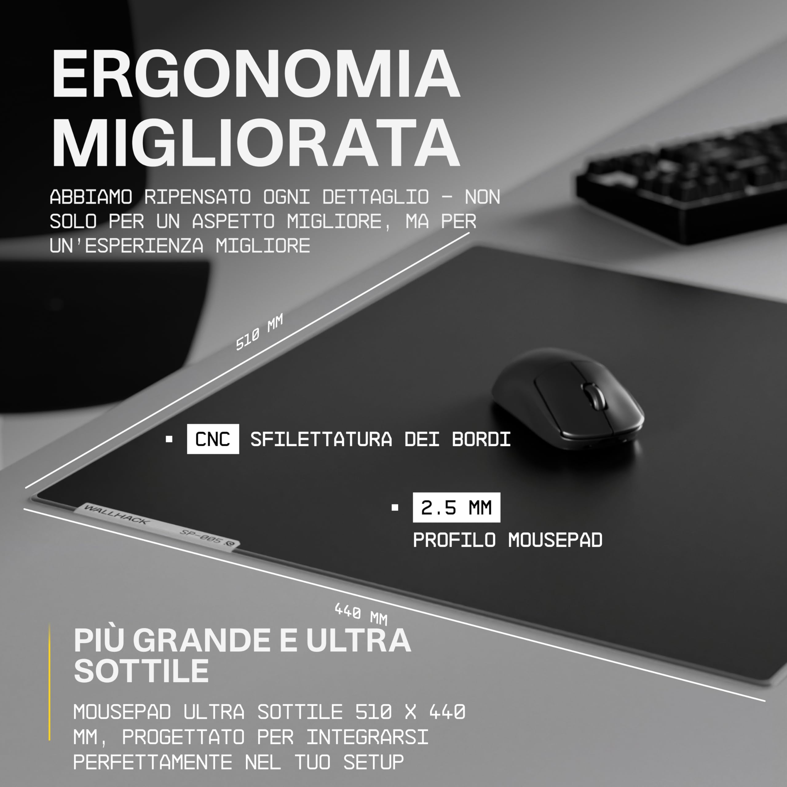 Wallhack SP-005 Tappetino da Gaming in Vetro – Superficie Veloce, Grande Mousepad Esport, Scorrimento Fluido a Bassa Frizione, Vetro Temperato, Ergonomico e Sottile, Durevole e con Custodia | Nero
