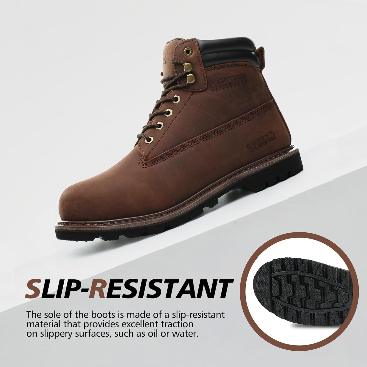 Steel Toe Work Boots for Men, 6-Inch Non Slip Comfortable Leather Waterproof Industrial Construction Safety Workboots - Image 5