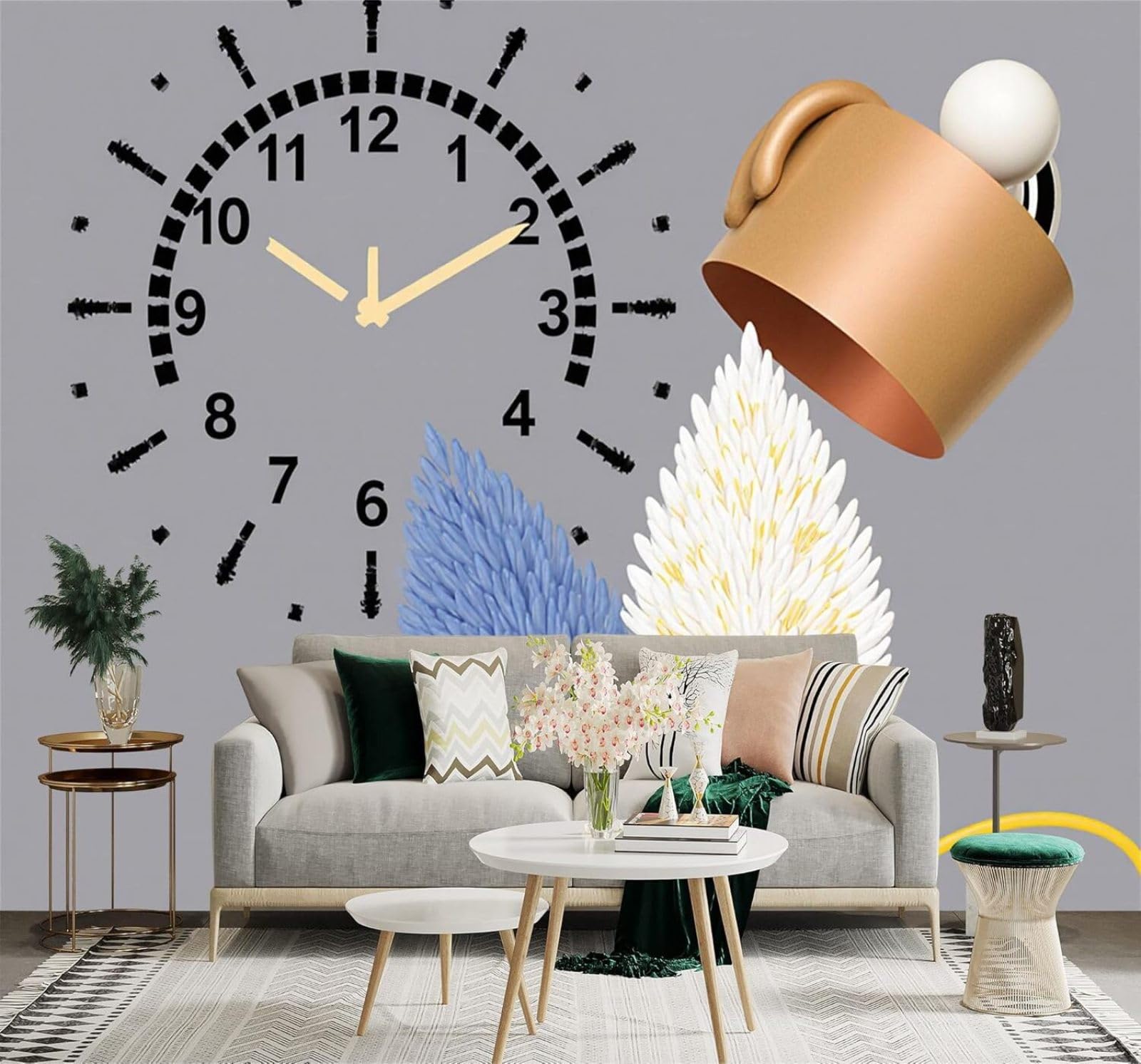 XLMING Abstract Clock Blue and White Leaves Art 3D Wallpaper Silky Texture Home Study Office Grey Dining Room Sofa Bedroom Living Room TV Backdrop-300cm×210cm