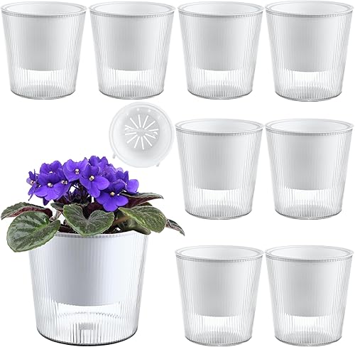 Paquete de 8 macetas y macetas transparentes de riego automático de 4.5 pulgadas para plantas de interior, macetas pequeñas de orquídeas, macetas de