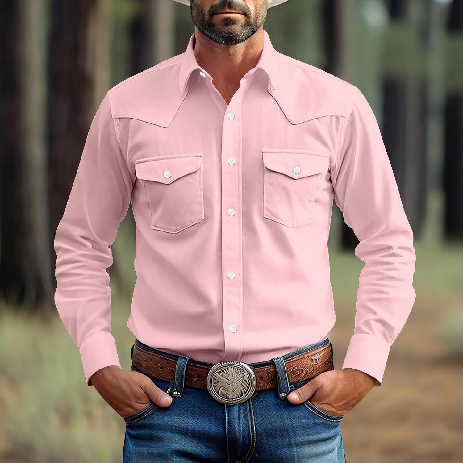 Western Cowboy Shirts Men Long Sleeve Light Button Down T Shirts Vintage Solid Business Jacket Classic Dressy Tops